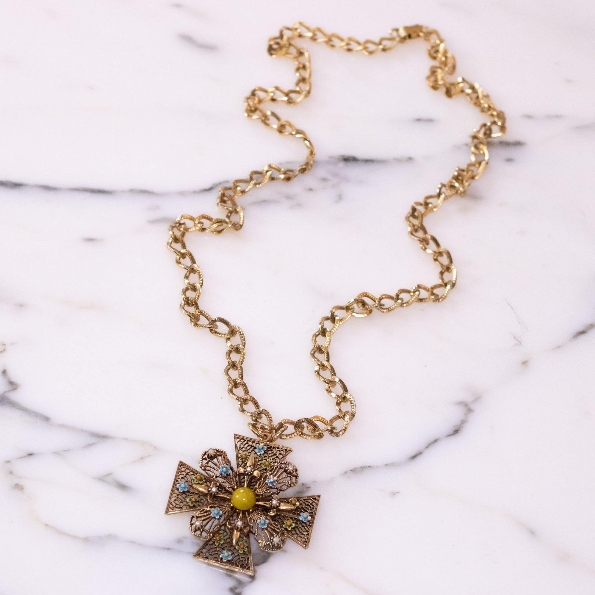 Vintage Art Mode Maltese Cross Pendant with Floral Enamel Details and Seed Pearls by Vintage Meet Modern - Vintage Meet Modern Vintage Jewelry - Chicago, Illinois - #oldhollywoodglamour #vintagemeetmodern #designervintage #jewelrybox #antiquejewelry #vintagejewelry