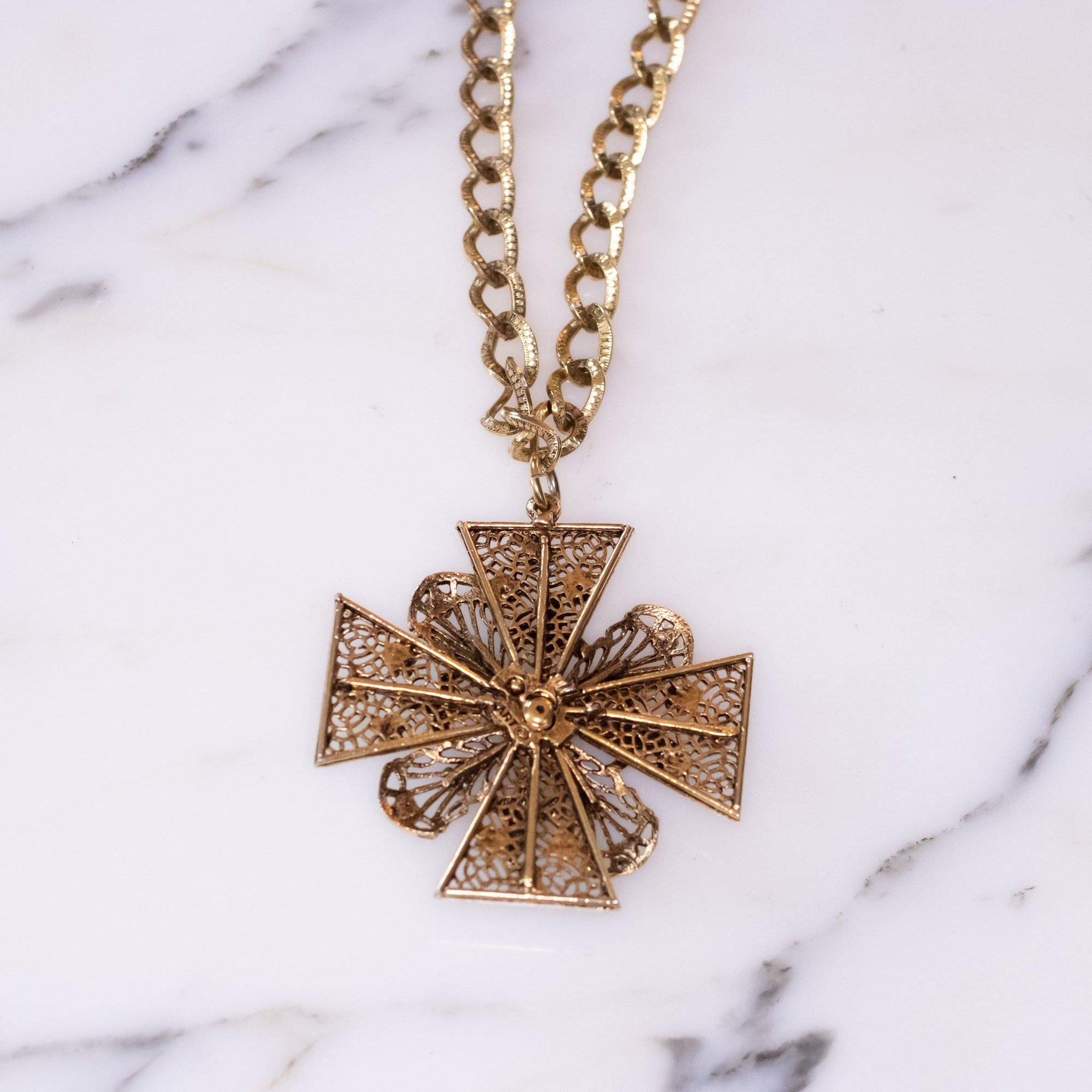 Vintage Art Mode Maltese Cross Pendant with Floral Enamel Details and Seed Pearls by Vintage Meet Modern - Vintage Meet Modern Vintage Jewelry - Chicago, Illinois - #oldhollywoodglamour #vintagemeetmodern #designervintage #jewelrybox #antiquejewelry #vintagejewelry
