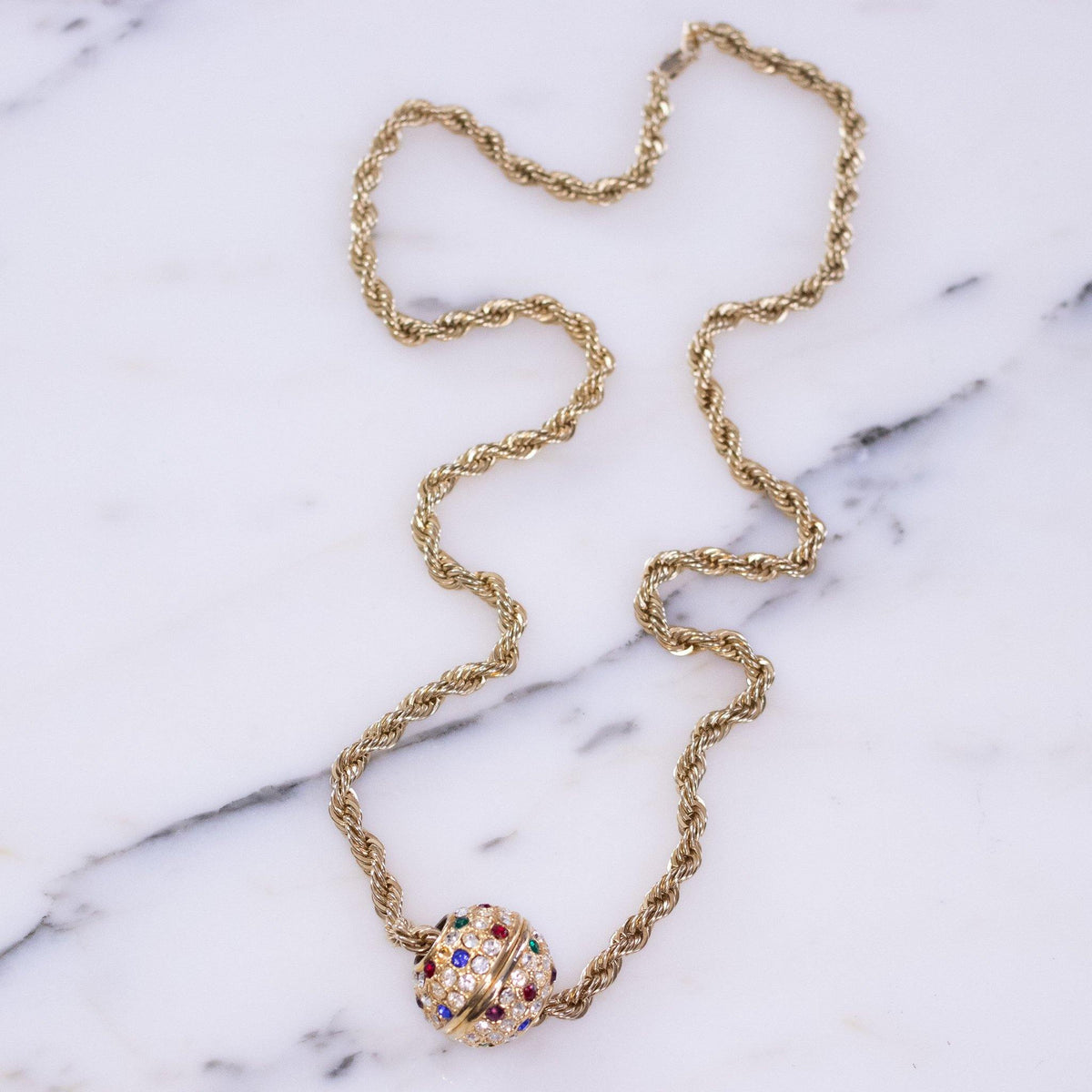Vintage Multi Color Rhinestone Ball Pendant Necklace