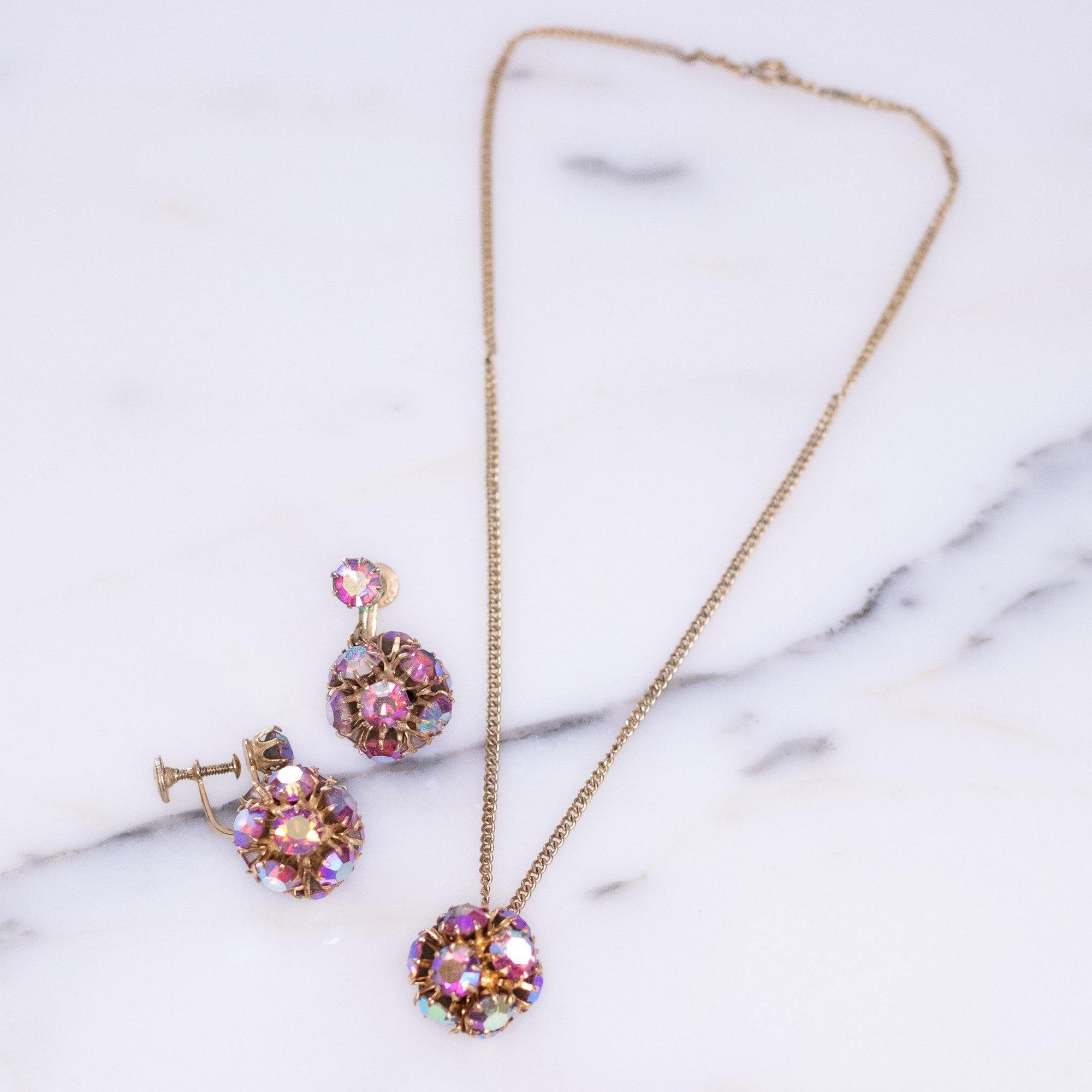Vintage Weiss Pink Aurora Borealis Petite Pom Pom Necklace by Vintage Meet Modern - Vintage Meet Modern Vintage Jewelry - Chicago, Illinois - #oldhollywoodglamour #vintagemeetmodern #designervintage #jewelrybox #antiquejewelry #vintagejewelry