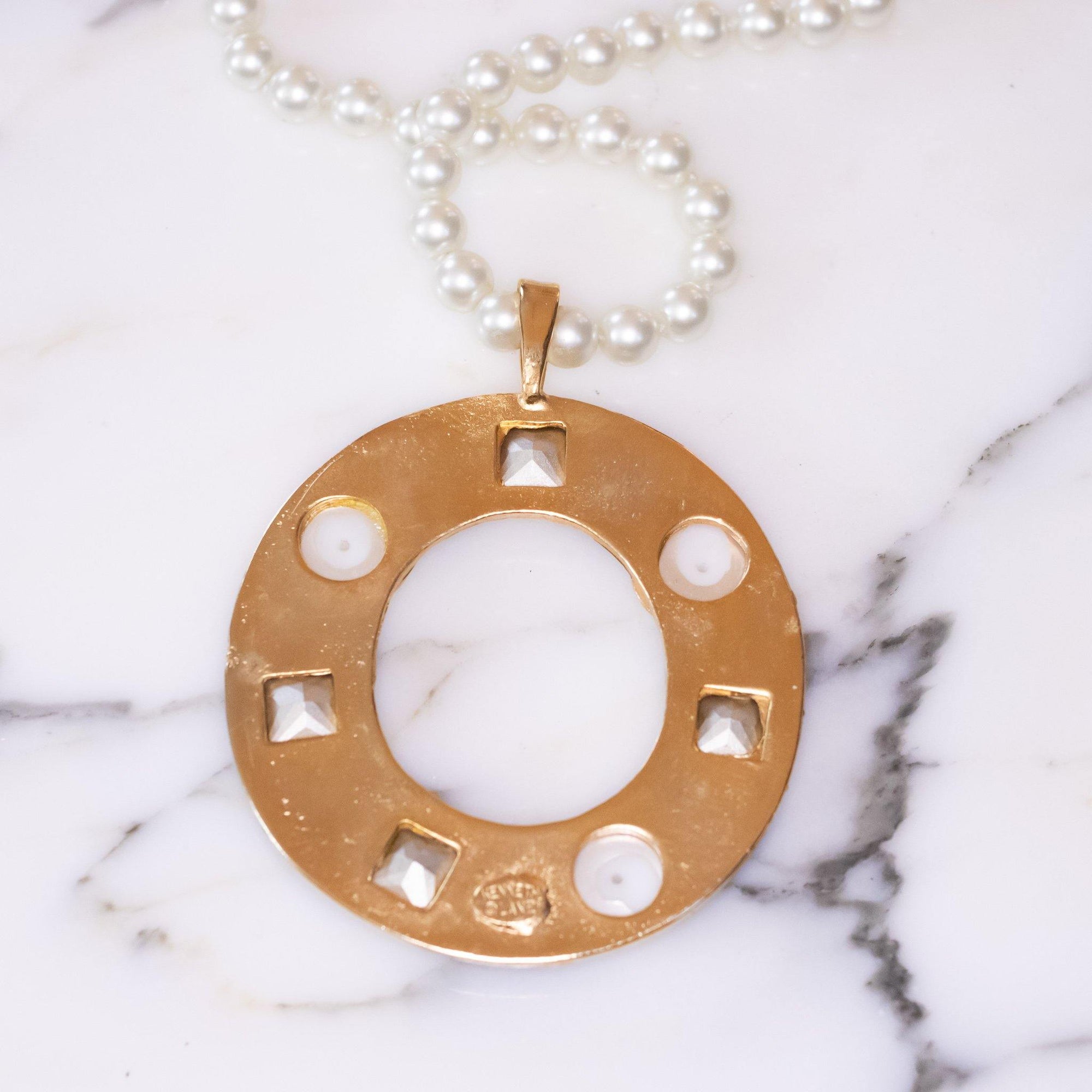 Vintage Kenneth Jay lane Pearl Diamante Crystal and Black Enamel Pendant Statement Necklace by Kenneth Jay lane - Vintage Meet Modern Vintage Jewelry - Chicago, Illinois - #oldhollywoodglamour #vintagemeetmodern #designervintage #jewelrybox #antiquejewelry #vintagejewelry