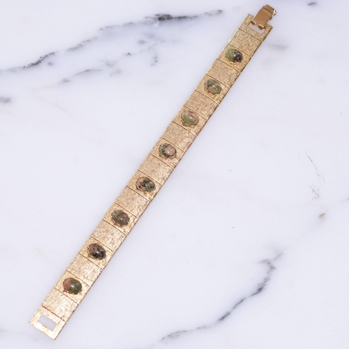 Vintage Mid Century Modern Gold Panel Bracelet with Pink and Green Agate Cabochons