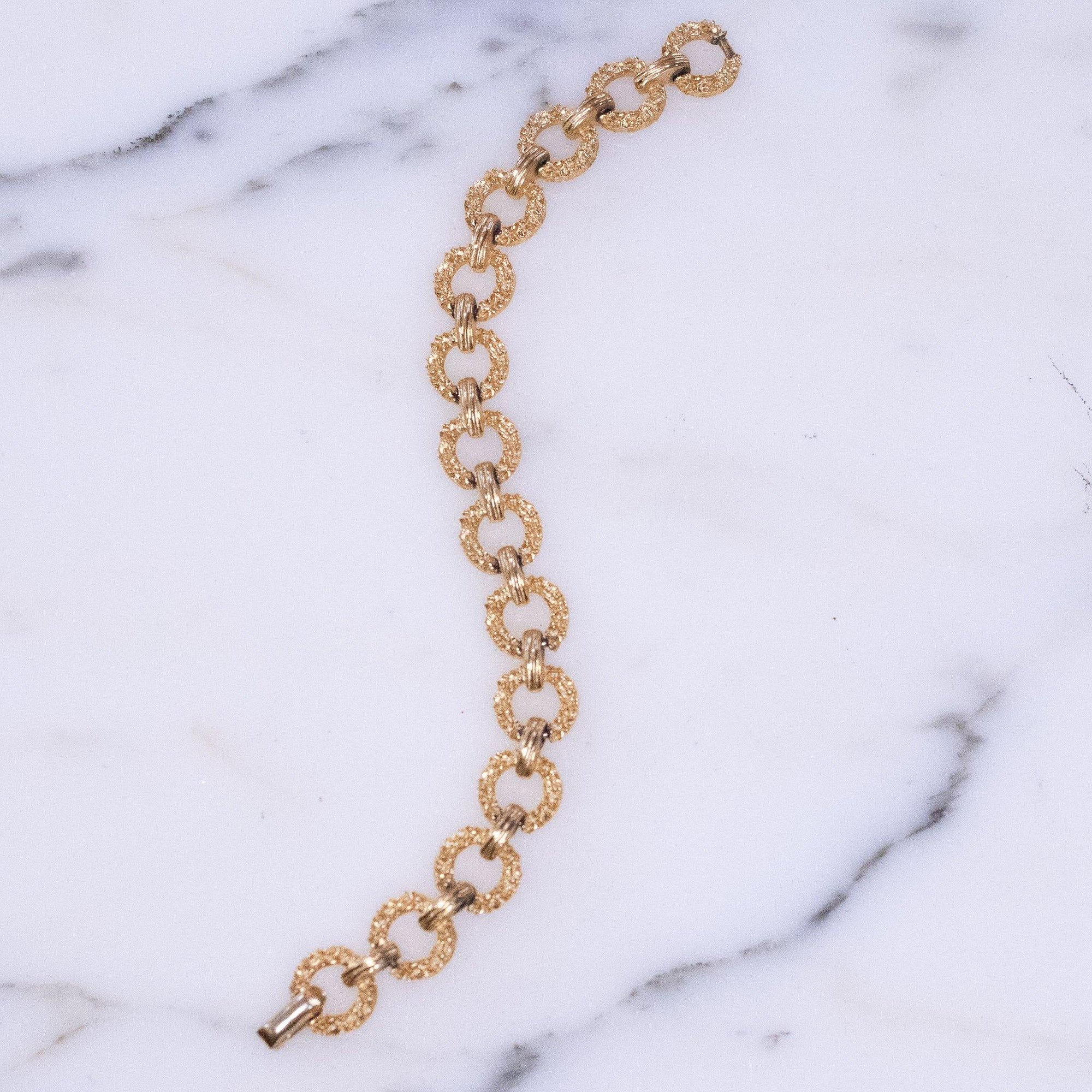 Vintage Crown Trifari Gold Textured Bracelet with Round Links by Crown Trifari - Vintage Meet Modern Vintage Jewelry - Chicago, Illinois - #oldhollywoodglamour #vintagemeetmodern #designervintage #jewelrybox #antiquejewelry #vintagejewelry