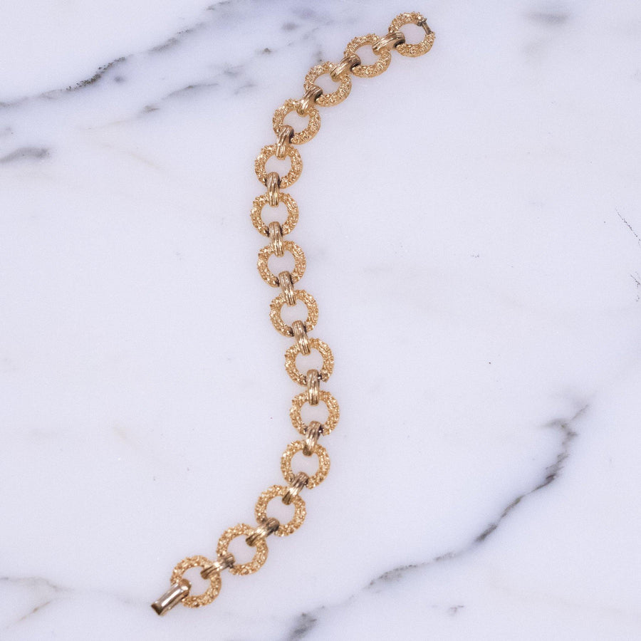 Vintage Crown Trifari Gold Textured Bracelet with Round Links by Crown Trifari - Vintage Meet Modern Vintage Jewelry - Chicago, Illinois - #oldhollywoodglamour #vintagemeetmodern #designervintage #jewelrybox #antiquejewelry #vintagejewelry