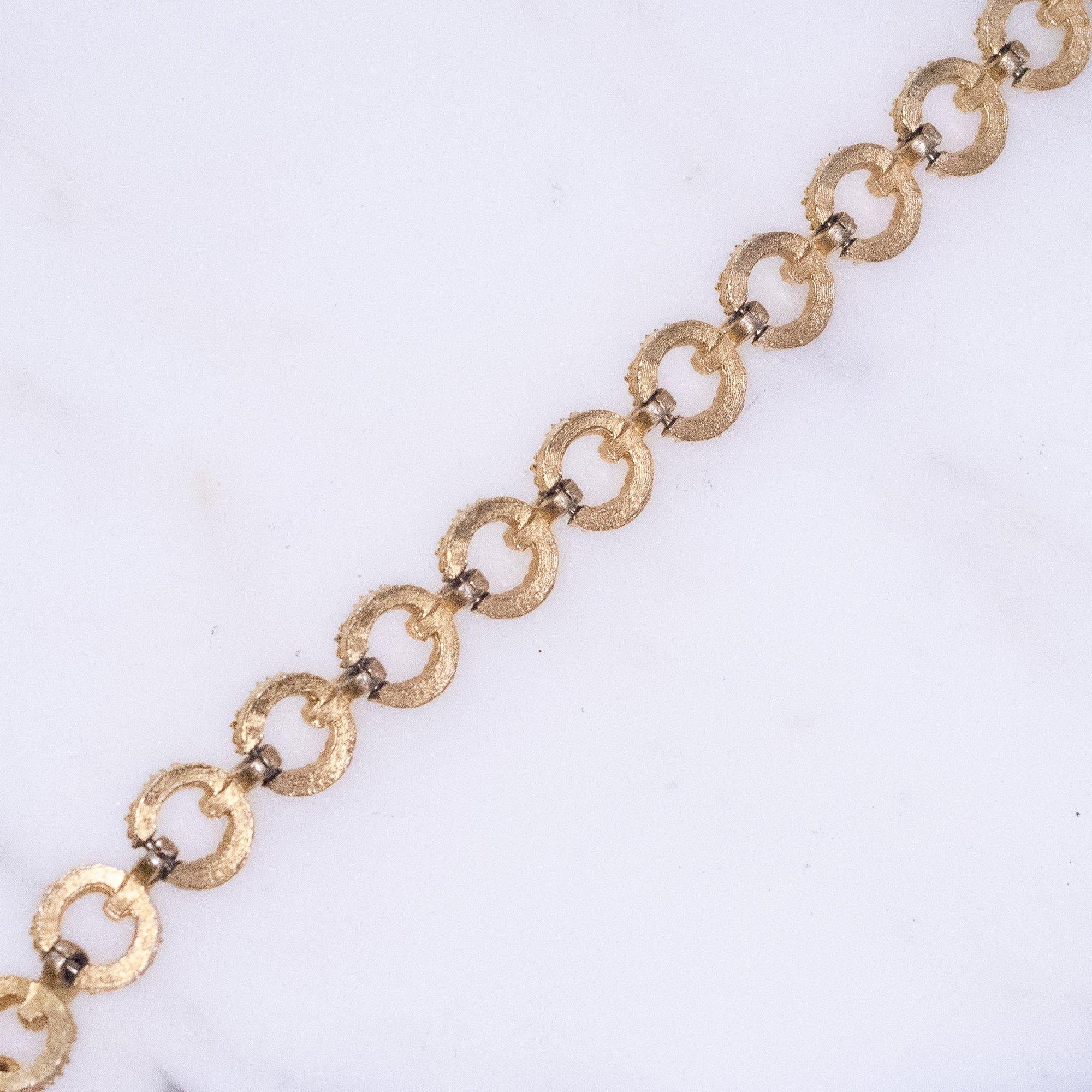 Vintage Crown Trifari Gold Textured Bracelet with Round Links by Crown Trifari - Vintage Meet Modern Vintage Jewelry - Chicago, Illinois - #oldhollywoodglamour #vintagemeetmodern #designervintage #jewelrybox #antiquejewelry #vintagejewelry