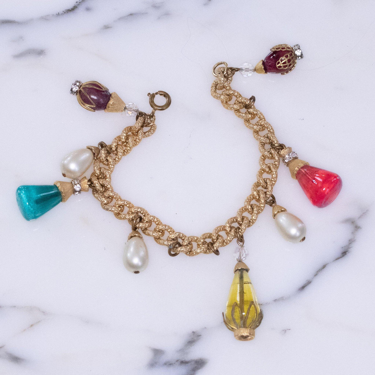 Vintage 1960s Colorful Art Glass Charm Bracelet
