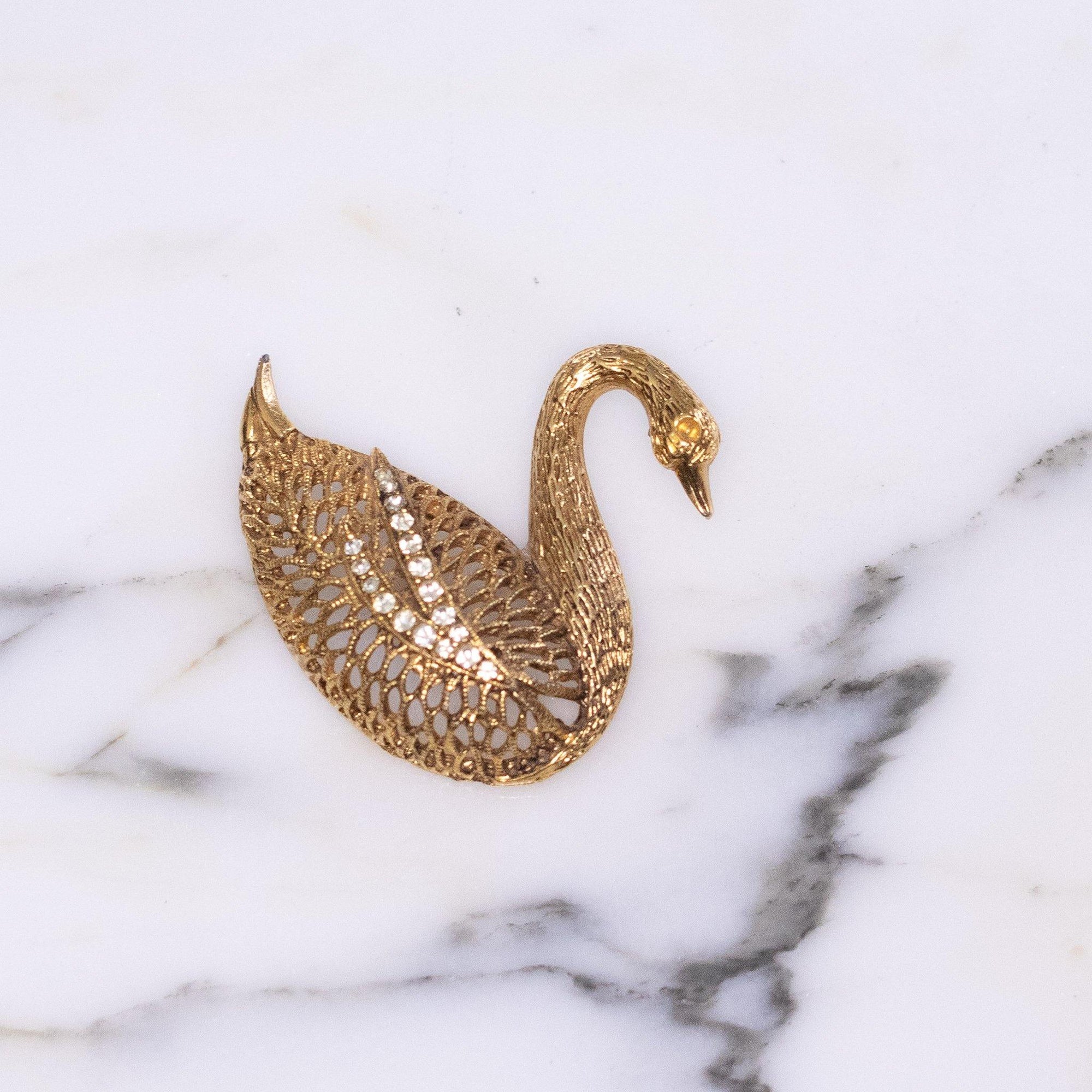 Vintage Gold Swan Brooch with Rhinestones by 1960s - Vintage Meet Modern Vintage Jewelry - Chicago, Illinois - #oldhollywoodglamour #vintagemeetmodern #designervintage #jewelrybox #antiquejewelry #vintagejewelry