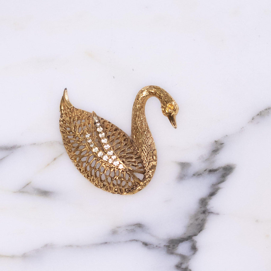 Vintage Gold Swan Brooch with Rhinestones by 1960s - Vintage Meet Modern Vintage Jewelry - Chicago, Illinois - #oldhollywoodglamour #vintagemeetmodern #designervintage #jewelrybox #antiquejewelry #vintagejewelry