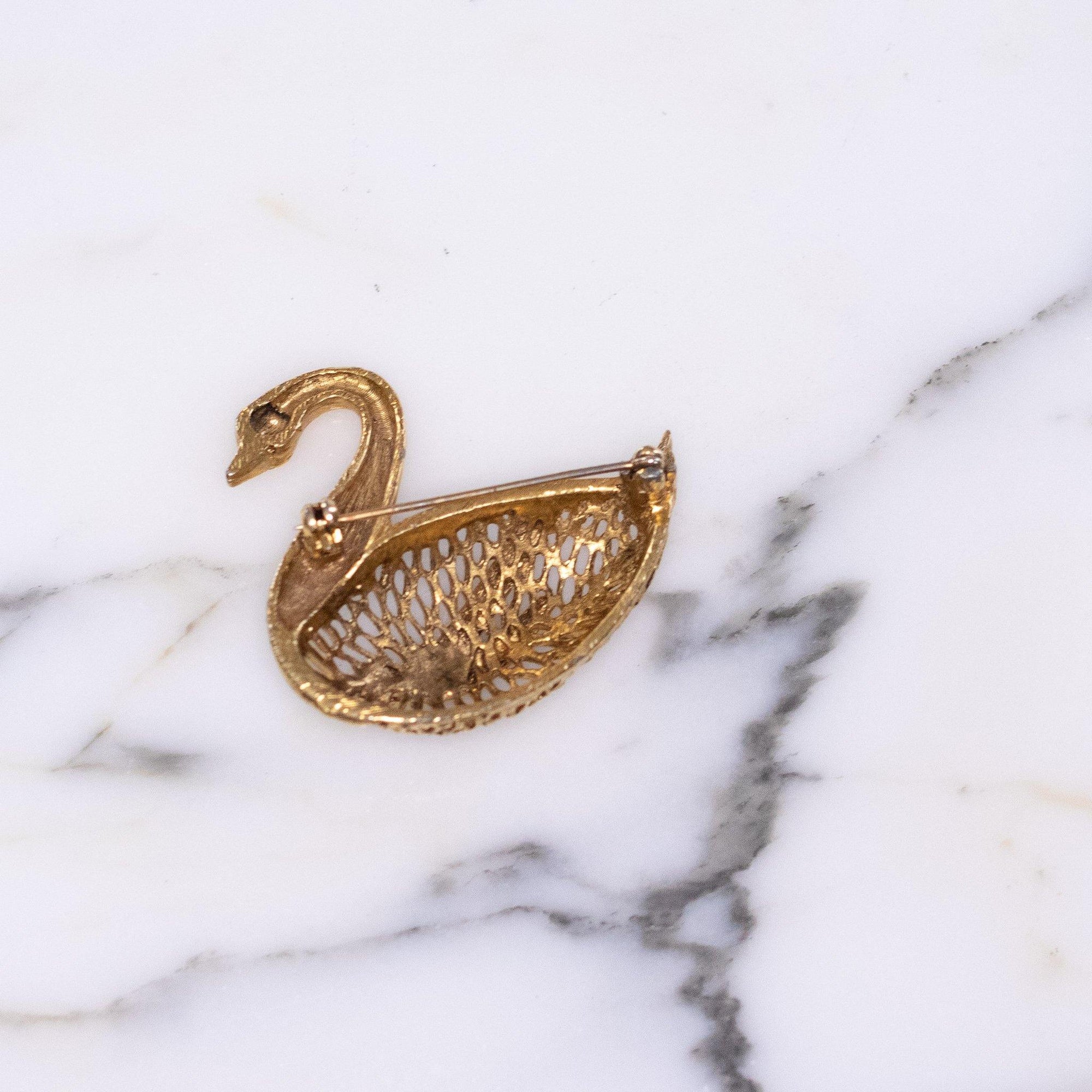 Vintage Gold Swan Brooch with Rhinestones by 1960s - Vintage Meet Modern Vintage Jewelry - Chicago, Illinois - #oldhollywoodglamour #vintagemeetmodern #designervintage #jewelrybox #antiquejewelry #vintagejewelry
