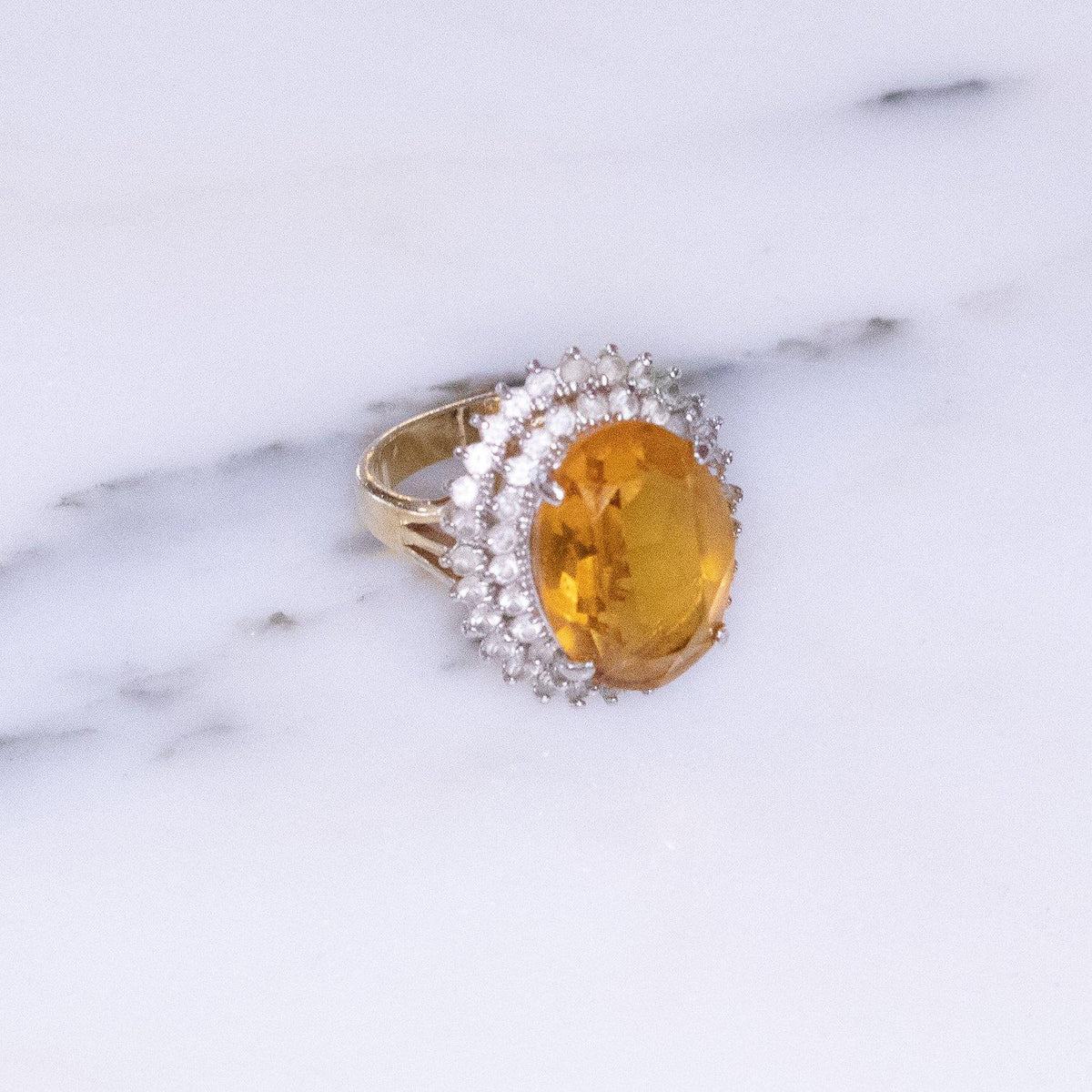 Vintage 1980s Citrine Crystal Statement Ring with Princess Halo Setting