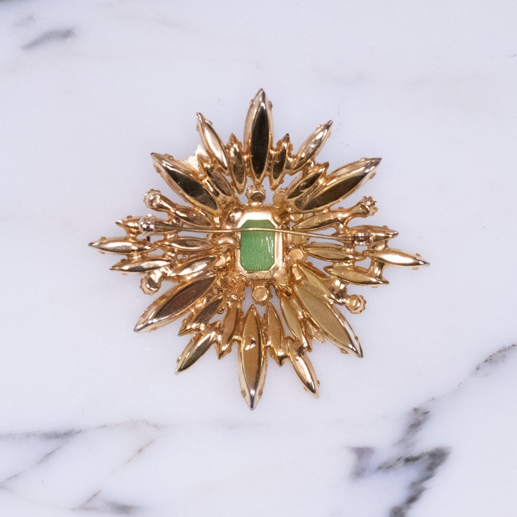 Vintage Green and Gold Rhinestone Brooch with Gold Arrow by Vintage Meet Modern - Vintage Meet Modern Vintage Jewelry - Chicago, Illinois - #oldhollywoodglamour #vintagemeetmodern #designervintage #jewelrybox #antiquejewelry #vintagejewelry
