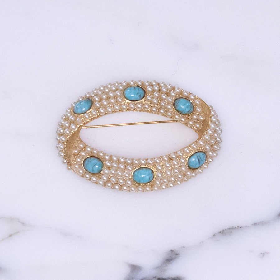 Vintage Faux Pearl and Turquoise Brooch by 1950s - Vintage Meet Modern Vintage Jewelry - Chicago, Illinois - #oldhollywoodglamour #vintagemeetmodern #designervintage #jewelrybox #antiquejewelry #vintagejewelry