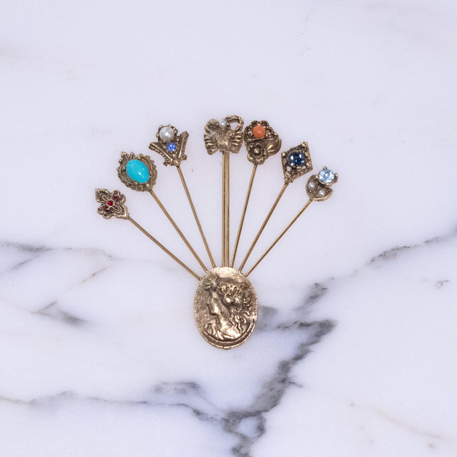 Vintage Gold Cameo Stick Pin Brooch with Rhinestones and Colorful Lucite Cabochons by Vintage Meet Modern - Vintage Meet Modern Vintage Jewelry - Chicago, Illinois - #oldhollywoodglamour #vintagemeetmodern #designervintage #jewelrybox #antiquejewelry #vintagejewelry