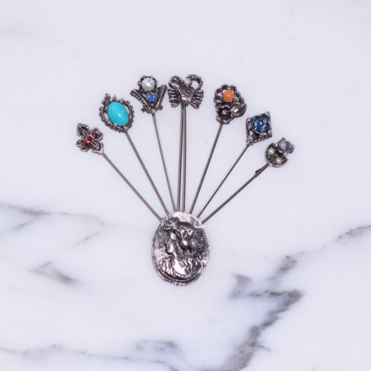 Vintage Silver Cameo Stick Pin Brooch with Rhinestones and Colorful Lucite Cabochons