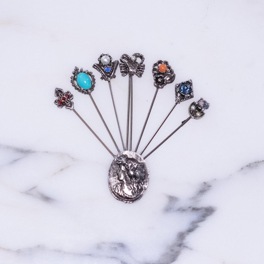 Vintage Silver Cameo Stick Pin Brooch with Rhinestones and Colorful Lucite Cabochons by Vintage Meet Modern - Vintage Meet Modern Vintage Jewelry - Chicago, Illinois - #oldhollywoodglamour #vintagemeetmodern #designervintage #jewelrybox #antiquejewelry #vintagejewelry