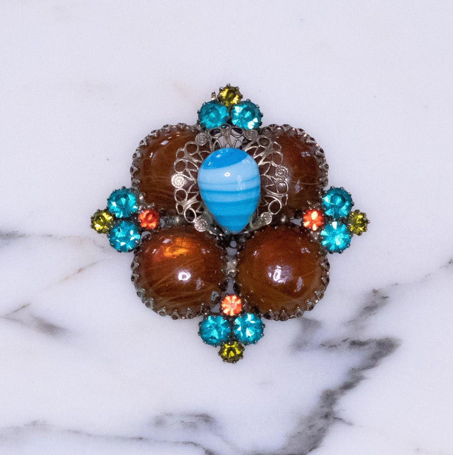 Vintage Brown and Blue Art Glass, Teal Rhinestone Cluster Brooch by Vintage Meet Modern - Vintage Meet Modern Vintage Jewelry - Chicago, Illinois - #oldhollywoodglamour #vintagemeetmodern #designervintage #jewelrybox #antiquejewelry #vintagejewelry