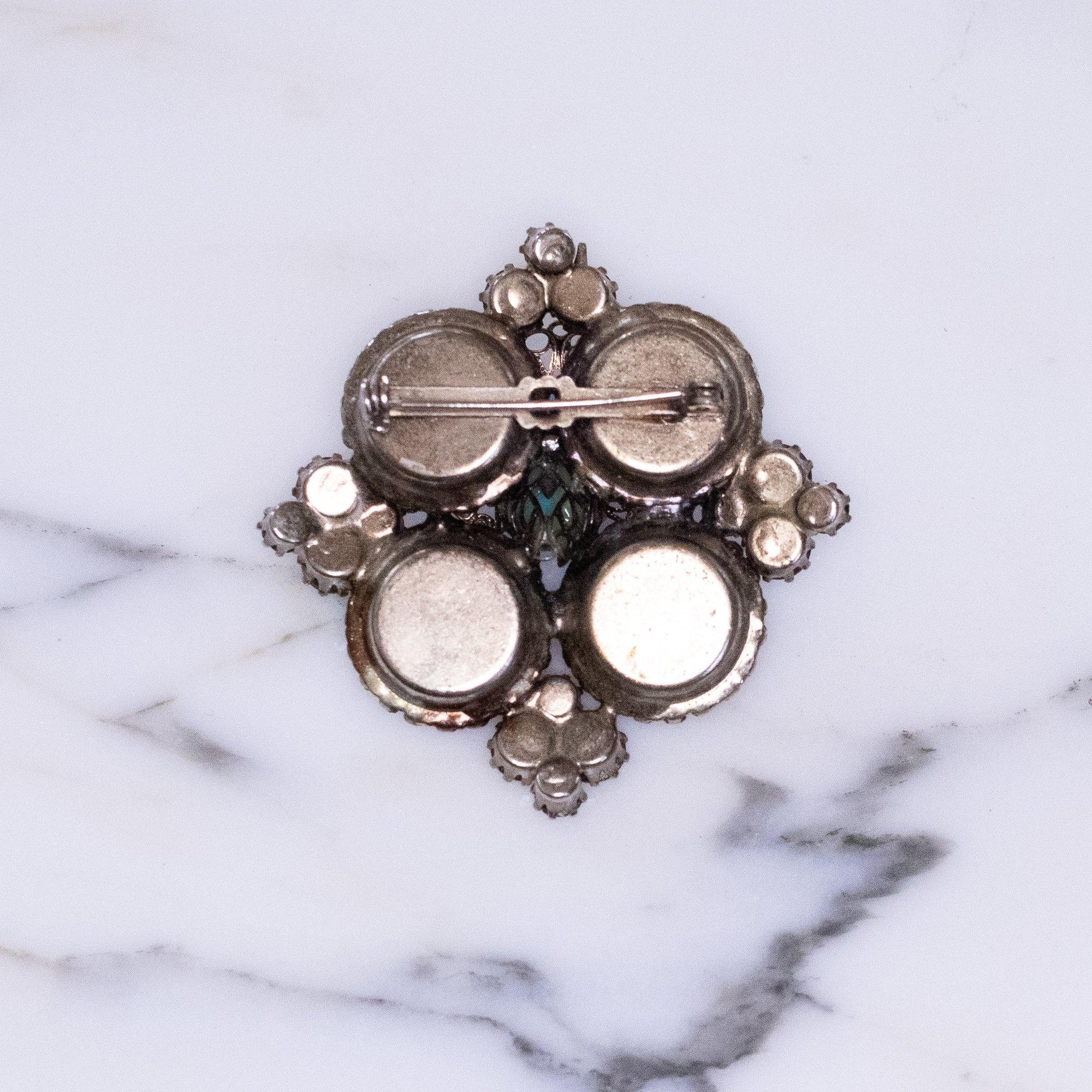 Vintage Brown and Blue Art Glass, Teal Rhinestone Cluster Brooch by Vintage Meet Modern - Vintage Meet Modern Vintage Jewelry - Chicago, Illinois - #oldhollywoodglamour #vintagemeetmodern #designervintage #jewelrybox #antiquejewelry #vintagejewelry