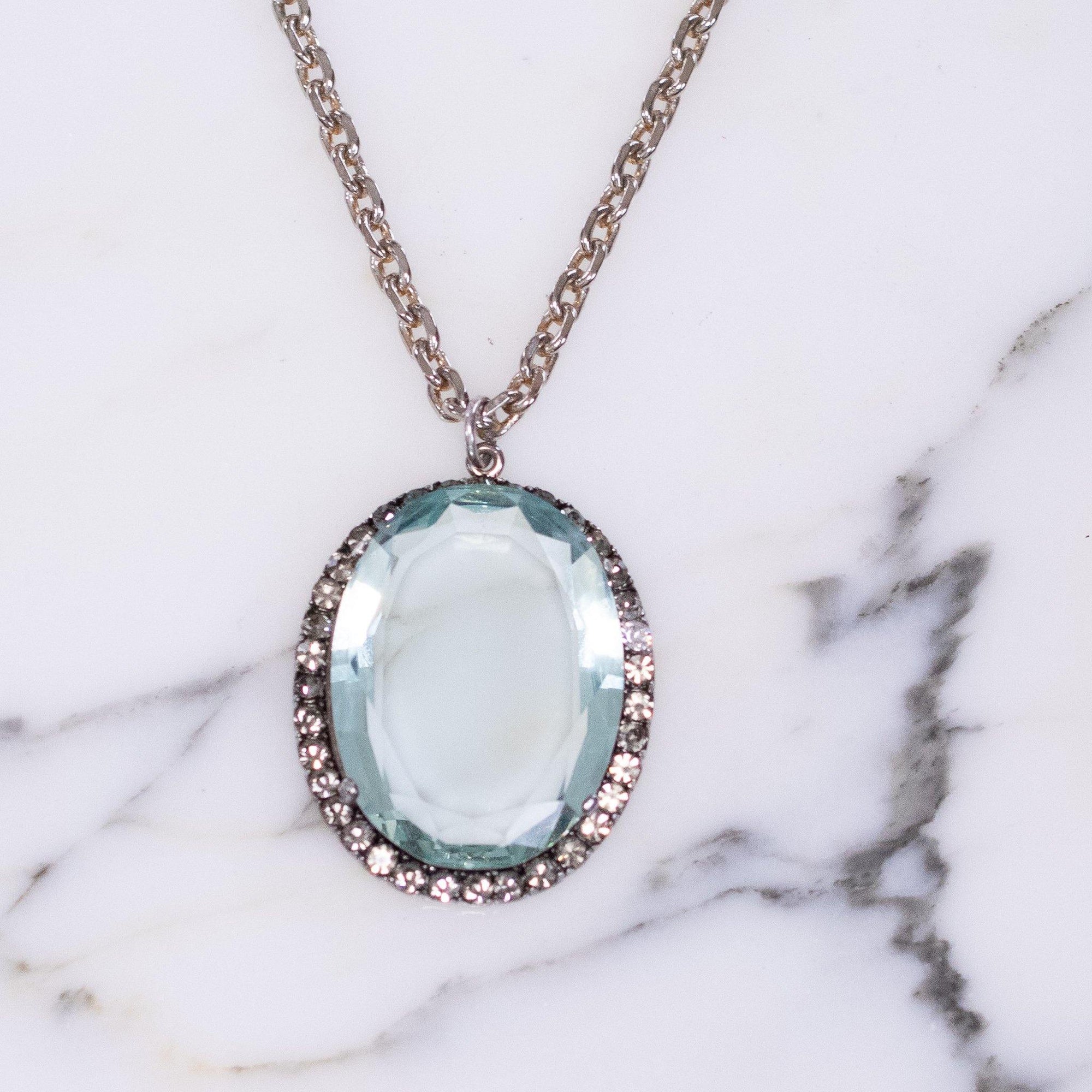 Vintage Aqua Crystal Medallion Pendant by Vintage Meet Modern - Vintage Meet Modern Vintage Jewelry - Chicago, Illinois - #oldhollywoodglamour #vintagemeetmodern #designervintage #jewelrybox #antiquejewelry #vintagejewelry