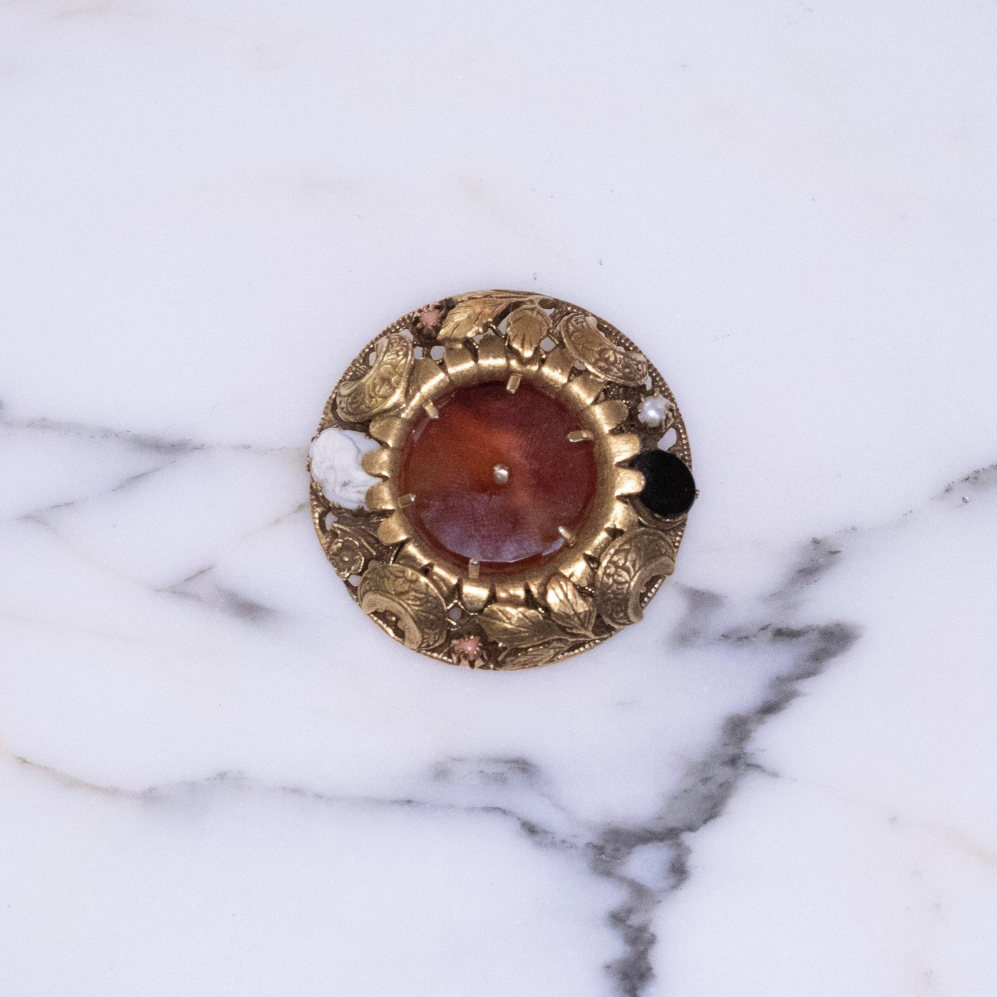 Vintage Victorian Revival Medallion Brooch with Tortoise Glass, Cameo, Black Glass by Vintage Meet Modern - Vintage Meet Modern Vintage Jewelry - Chicago, Illinois - #oldhollywoodglamour #vintagemeetmodern #designervintage #jewelrybox #antiquejewelry #vintagejewelry