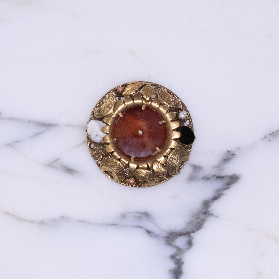 Vintage Victorian Revival Medallion Brooch with Tortoise Glass, Cameo, Black Glass by Vintage Meet Modern - Vintage Meet Modern Vintage Jewelry - Chicago, Illinois - #oldhollywoodglamour #vintagemeetmodern #designervintage #jewelrybox #antiquejewelry #vintagejewelry