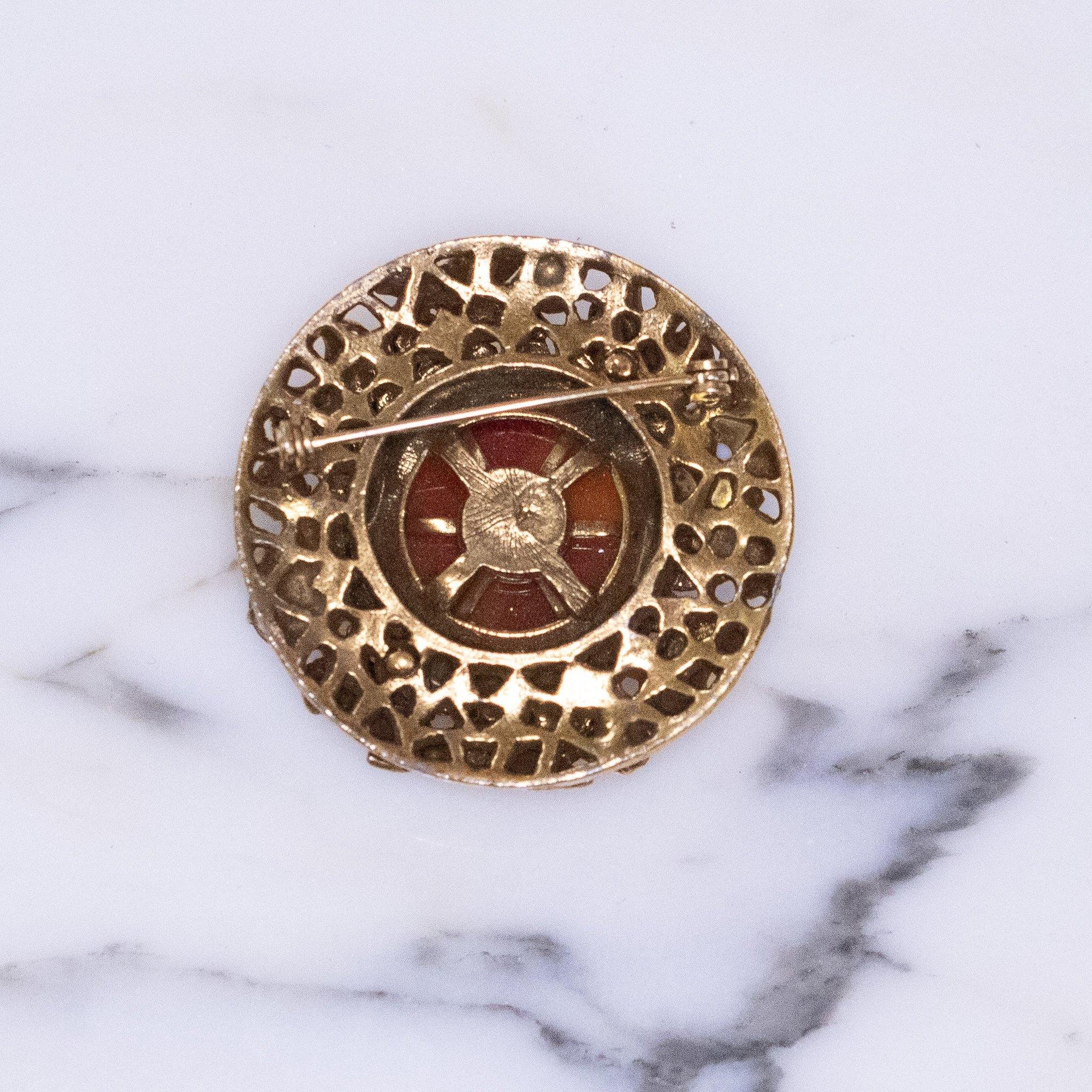 Vintage Victorian Revival Medallion Brooch with Tortoise Glass, Cameo, Black Glass by Vintage Meet Modern - Vintage Meet Modern Vintage Jewelry - Chicago, Illinois - #oldhollywoodglamour #vintagemeetmodern #designervintage #jewelrybox #antiquejewelry #vintagejewelry