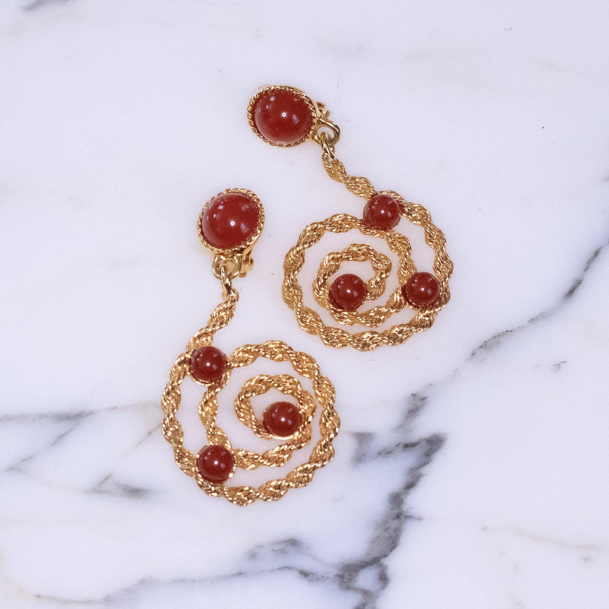 Vintage Avon Gold Scroll Statement Earrings with Carnelian Lucite Cabochons