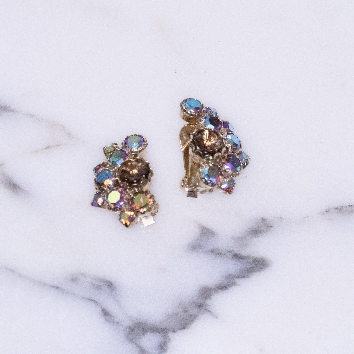 Vintage Weiss Aurora Borealis Cluster and Pressed Glass Flower Earrings