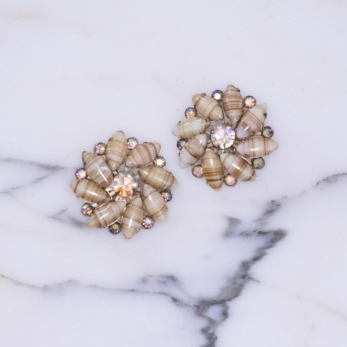 Vintage Aurora Borealis and Cream Striped Glass Cabochon Rhinestone Statement Earrings