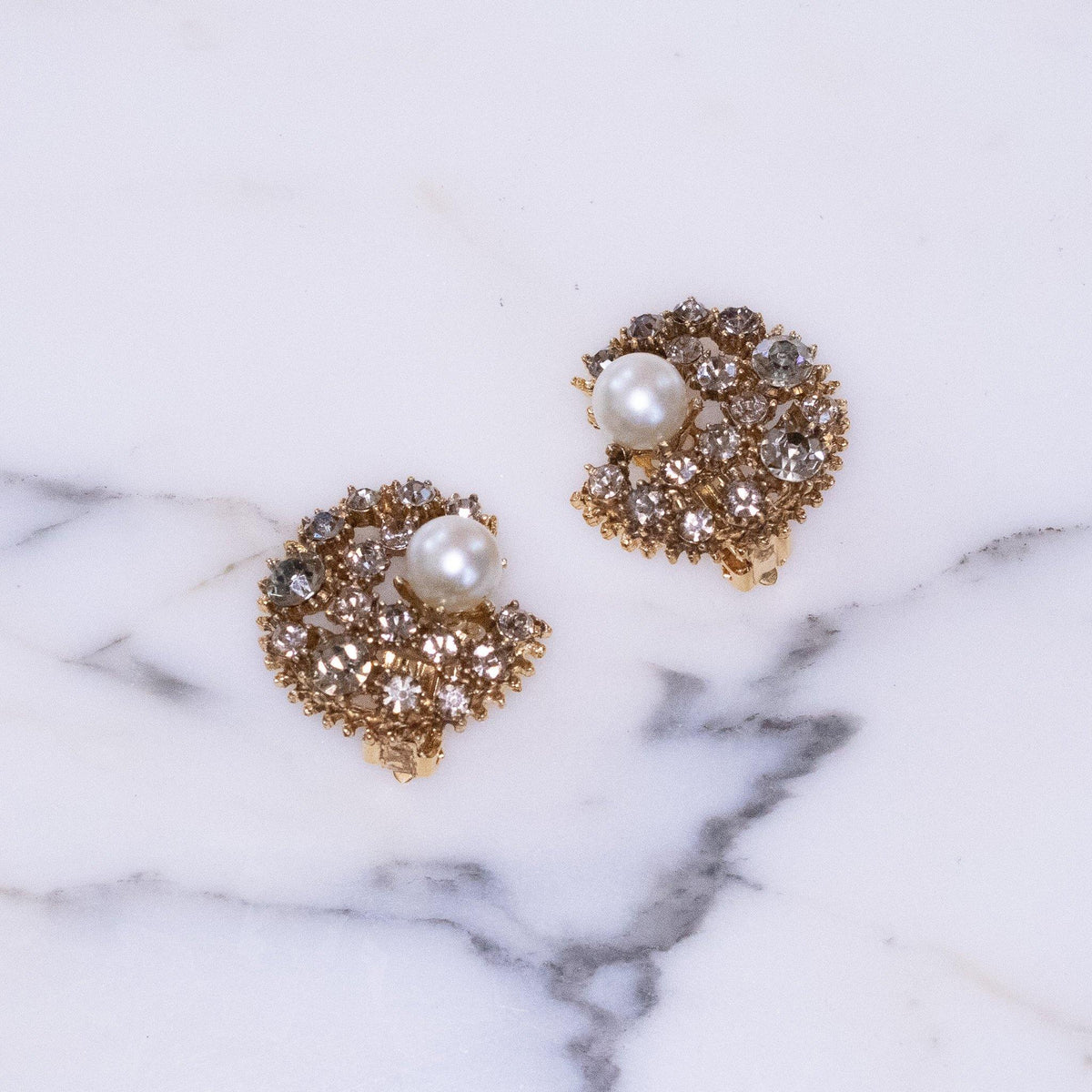 Vintage Crescent Smoke Rhinestone and Faux Pearl Statement Earrings