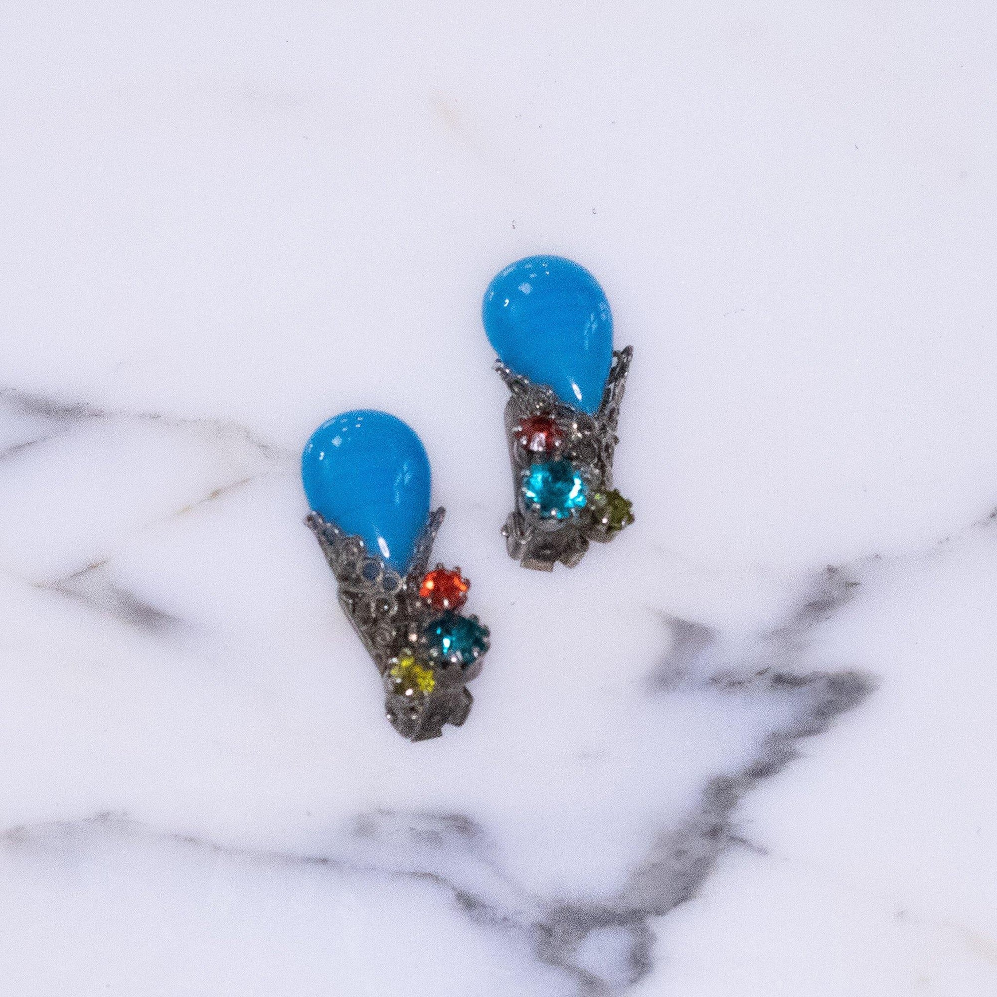 Vintage Blue Art Glass and Teal, Red, and Citrine Rhinestone Earrings by Vintage Meet Modern - Vintage Meet Modern Vintage Jewelry - Chicago, Illinois - #oldhollywoodglamour #vintagemeetmodern #designervintage #jewelrybox #antiquejewelry #vintagejewelry