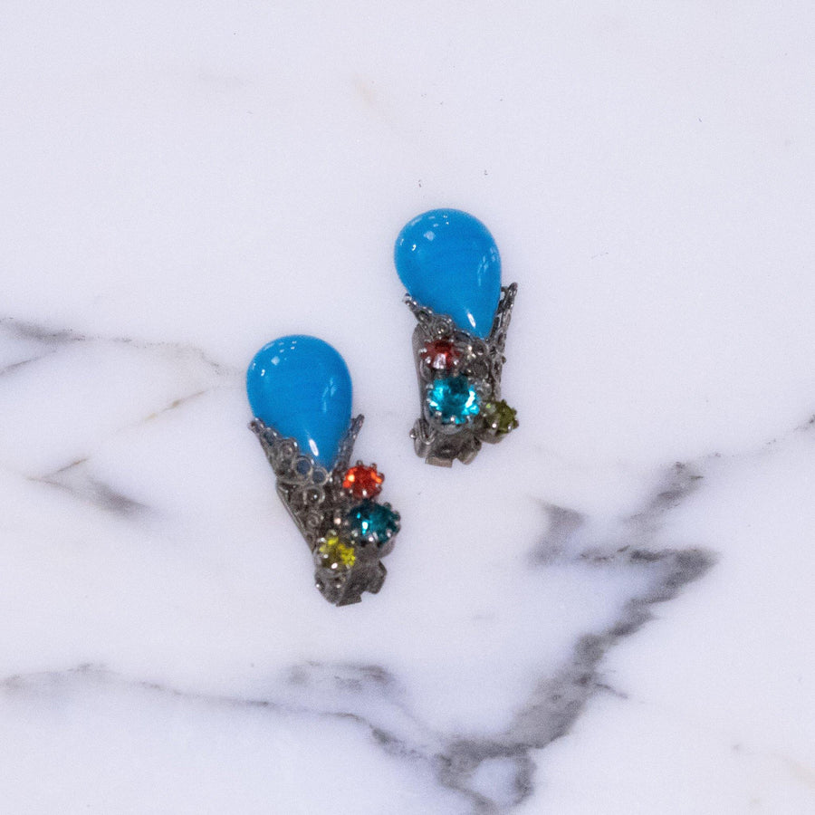 Vintage Blue Art Glass and Teal, Red, and Citrine Rhinestone Earrings by Vintage Meet Modern - Vintage Meet Modern Vintage Jewelry - Chicago, Illinois - #oldhollywoodglamour #vintagemeetmodern #designervintage #jewelrybox #antiquejewelry #vintagejewelry