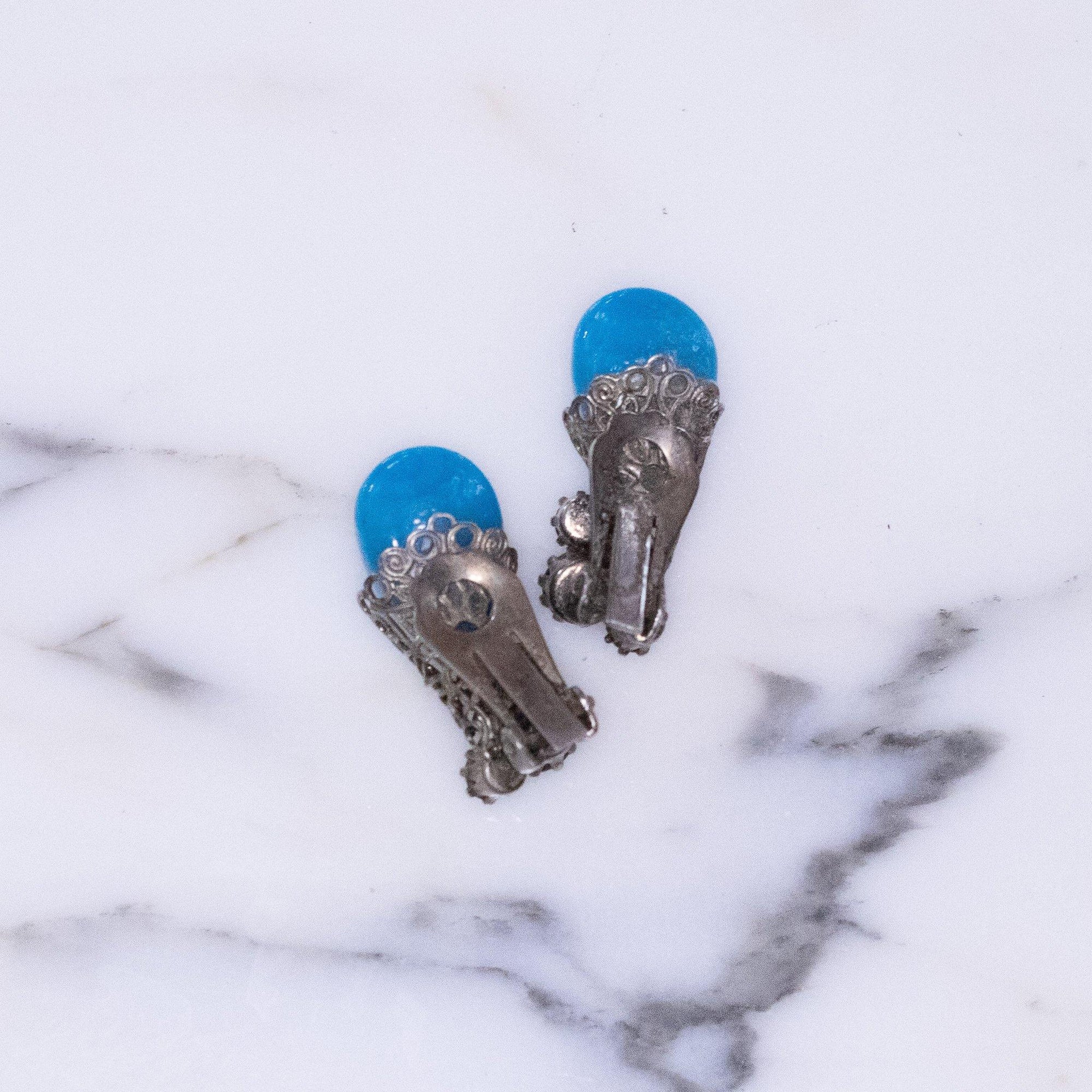 Vintage Blue Art Glass and Teal, Red, and Citrine Rhinestone Earrings by Vintage Meet Modern - Vintage Meet Modern Vintage Jewelry - Chicago, Illinois - #oldhollywoodglamour #vintagemeetmodern #designervintage #jewelrybox #antiquejewelry #vintagejewelry