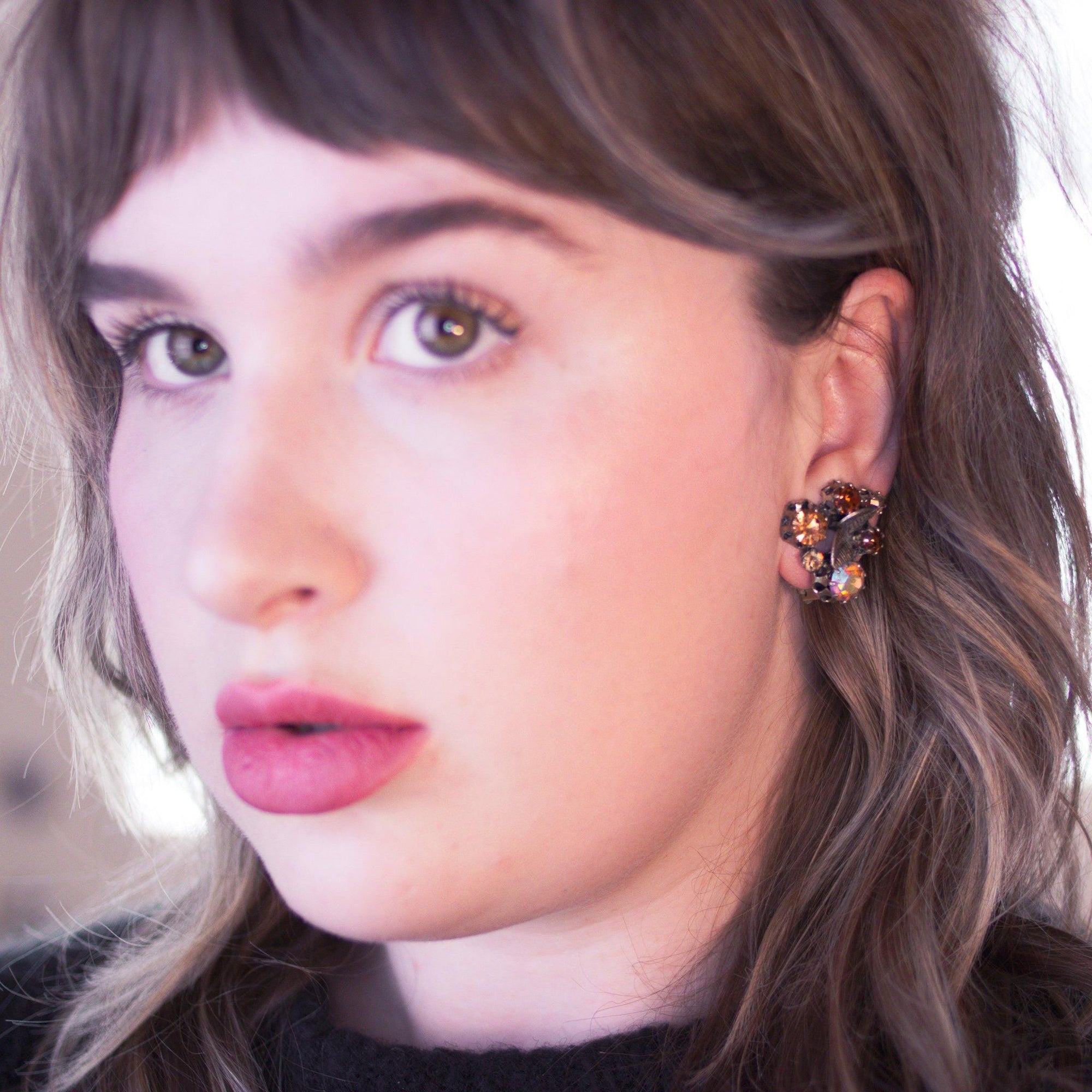 Vintage Made in Austria Rhinestone Aurora Borealis and Citrine Rhinestone Earrings with Leaves by 1960s - Vintage Meet Modern Vintage Jewelry - Chicago, Illinois - #oldhollywoodglamour #vintagemeetmodern #designervintage #jewelrybox #antiquejewelry #vintagejewelry