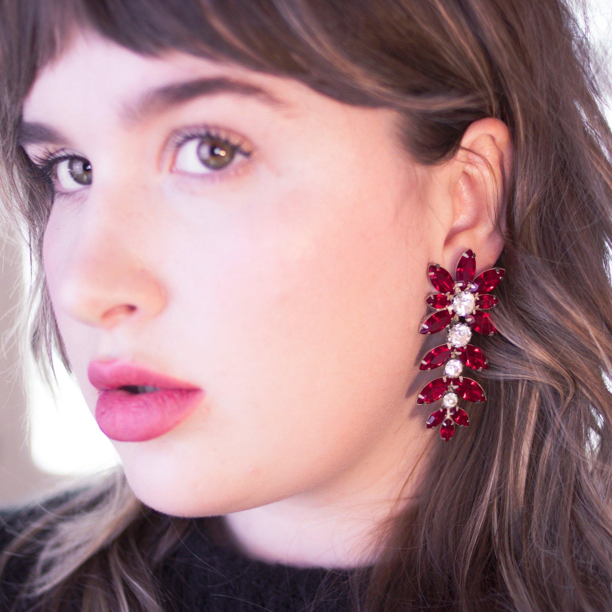Red Rhinestone and Diamante Crystal Statement Earrings by Vintage Meet Modern - Vintage Meet Modern Vintage Jewelry - Chicago, Illinois - #oldhollywoodglamour #vintagemeetmodern #designervintage #jewelrybox #antiquejewelry #vintagejewelry