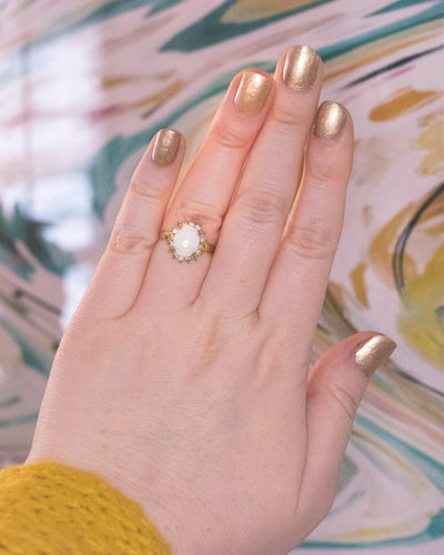 Vintage Opaline Cocktail Ring with Diamante Halo by Vintage Meet Modern - Vintage Meet Modern Vintage Jewelry - Chicago, Illinois - #oldhollywoodglamour #vintagemeetmodern #designervintage #jewelrybox #antiquejewelry #vintagejewelry