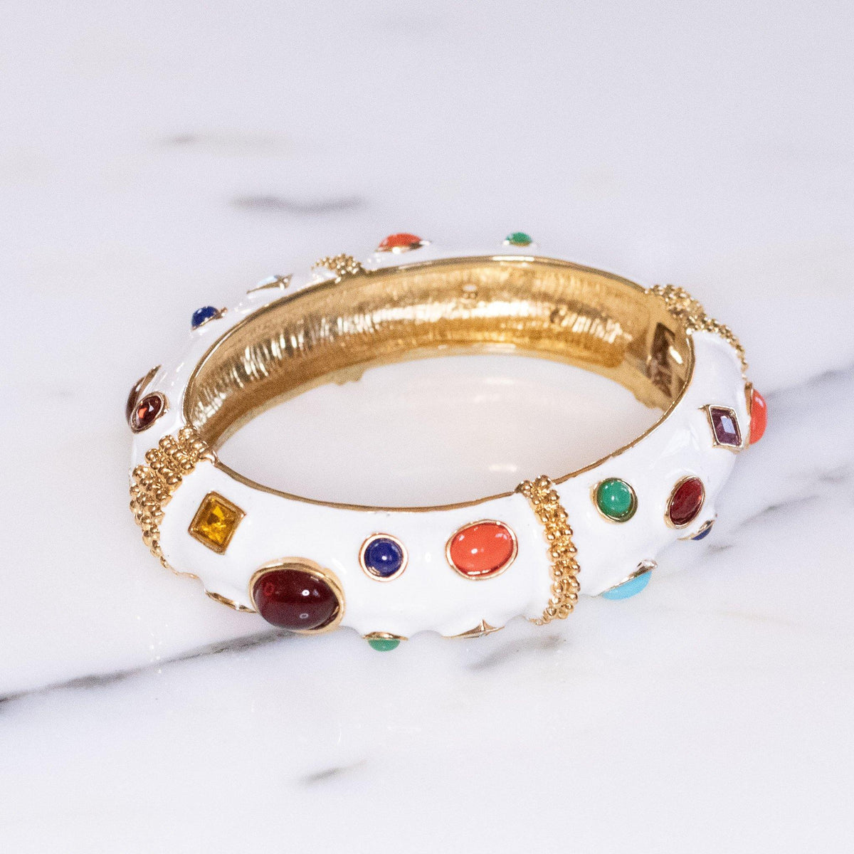 Vintage Kenneth Jay Lane Bejeweled Fantasy Bracelet Mogul Style White Enamel with Colorful Rhinestones
