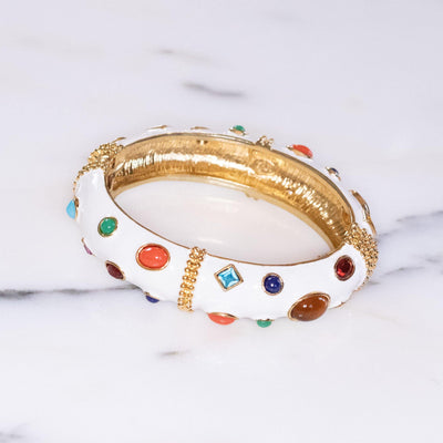Vintage Kenneth Jay Lane Bejeweled Fantasy Bracelet Mogul Style White Enamel with Colorful Rhinestones by Vintage Meet Modern - Vintage Meet Modern Vintage Jewelry - Chicago, Illinois - #oldhollywoodglamour #vintagemeetmodern #designervintage #jewelrybox #antiquejewelry #vintagejewelry