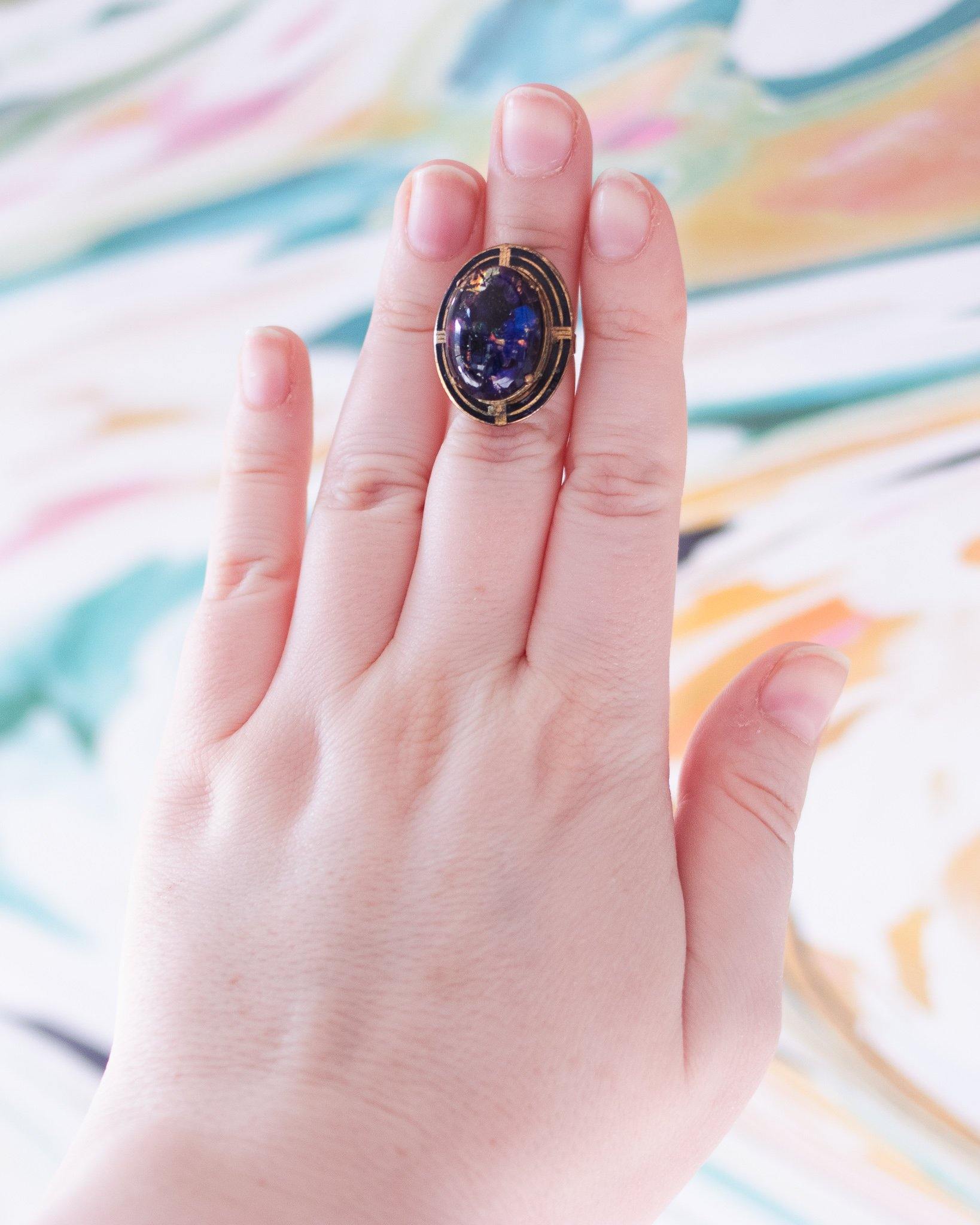 Vintage 1950s Blue Jelly Opal Statement Ring by Vintage Meet Modern - Vintage Meet Modern Vintage Jewelry - Chicago, Illinois - #oldhollywoodglamour #vintagemeetmodern #designervintage #jewelrybox #antiquejewelry #vintagejewelry
