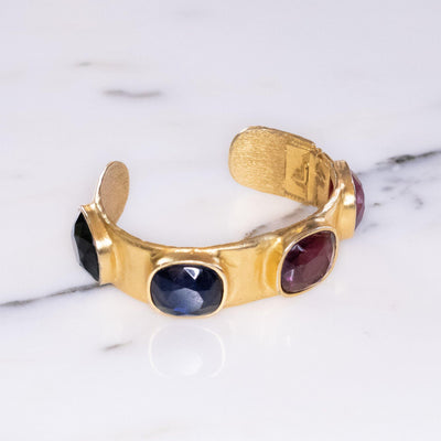 Vintage Kenneth Jay Lane Bejewled Royal Color Gold Cuff Bracelet by Kenneth Jay Lane - Vintage Meet Modern Vintage Jewelry - Chicago, Illinois - #oldhollywoodglamour #vintagemeetmodern #designervintage #jewelrybox #antiquejewelry #vintagejewelry