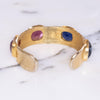 Vintage Kenneth Jay Lane Bejewled Royal Color Gold Cuff Bracelet by Kenneth Jay Lane - Vintage Meet Modern Vintage Jewelry - Chicago, Illinois - #oldhollywoodglamour #vintagemeetmodern #designervintage #jewelrybox #antiquejewelry #vintagejewelry