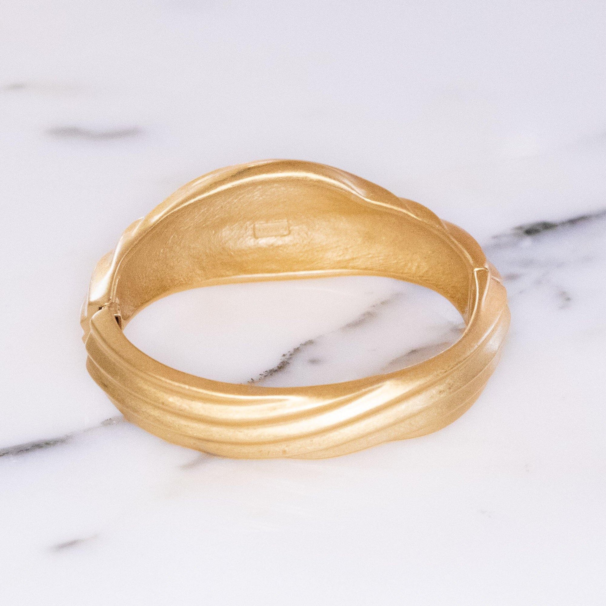 Vintage Crown Trifari Matte Gold Swirl Hinged Bangle Bracelet by Crown Trifari - Vintage Meet Modern Vintage Jewelry - Chicago, Illinois - #oldhollywoodglamour #vintagemeetmodern #designervintage #jewelrybox #antiquejewelry #vintagejewelry