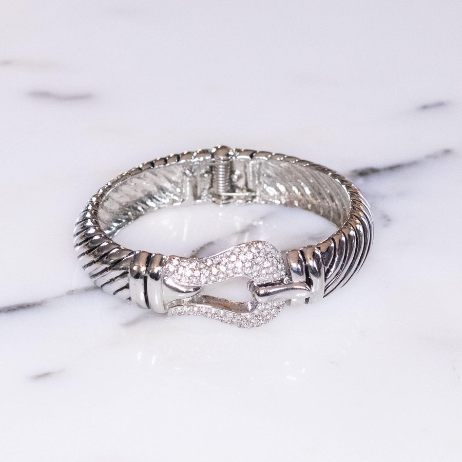 Vintage Cable Buckle Bracelet with Pave Diamante Crystal Clasp by 1990s - Vintage Meet Modern Vintage Jewelry - Chicago, Illinois - #oldhollywoodglamour #vintagemeetmodern #designervintage #jewelrybox #antiquejewelry #vintagejewelry