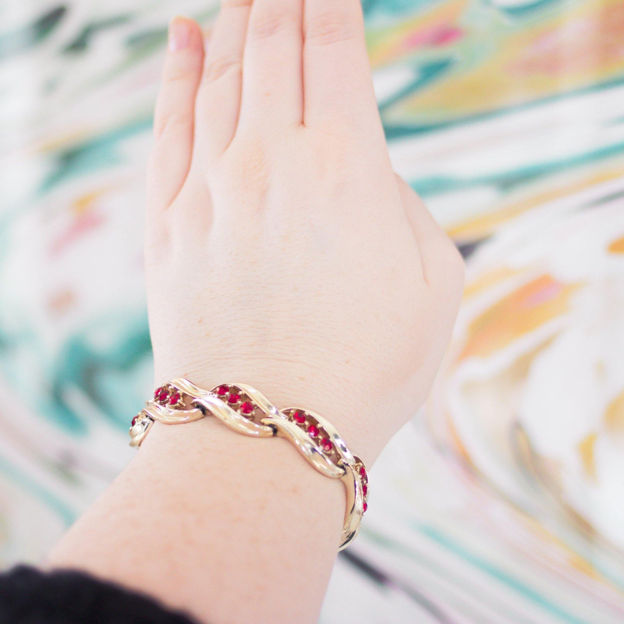 Vintage Lisner Red Rhinestone Bracelet by Lisner - Vintage Meet Modern Vintage Jewelry - Chicago, Illinois - #oldhollywoodglamour #vintagemeetmodern #designervintage #jewelrybox #antiquejewelry #vintagejewelry