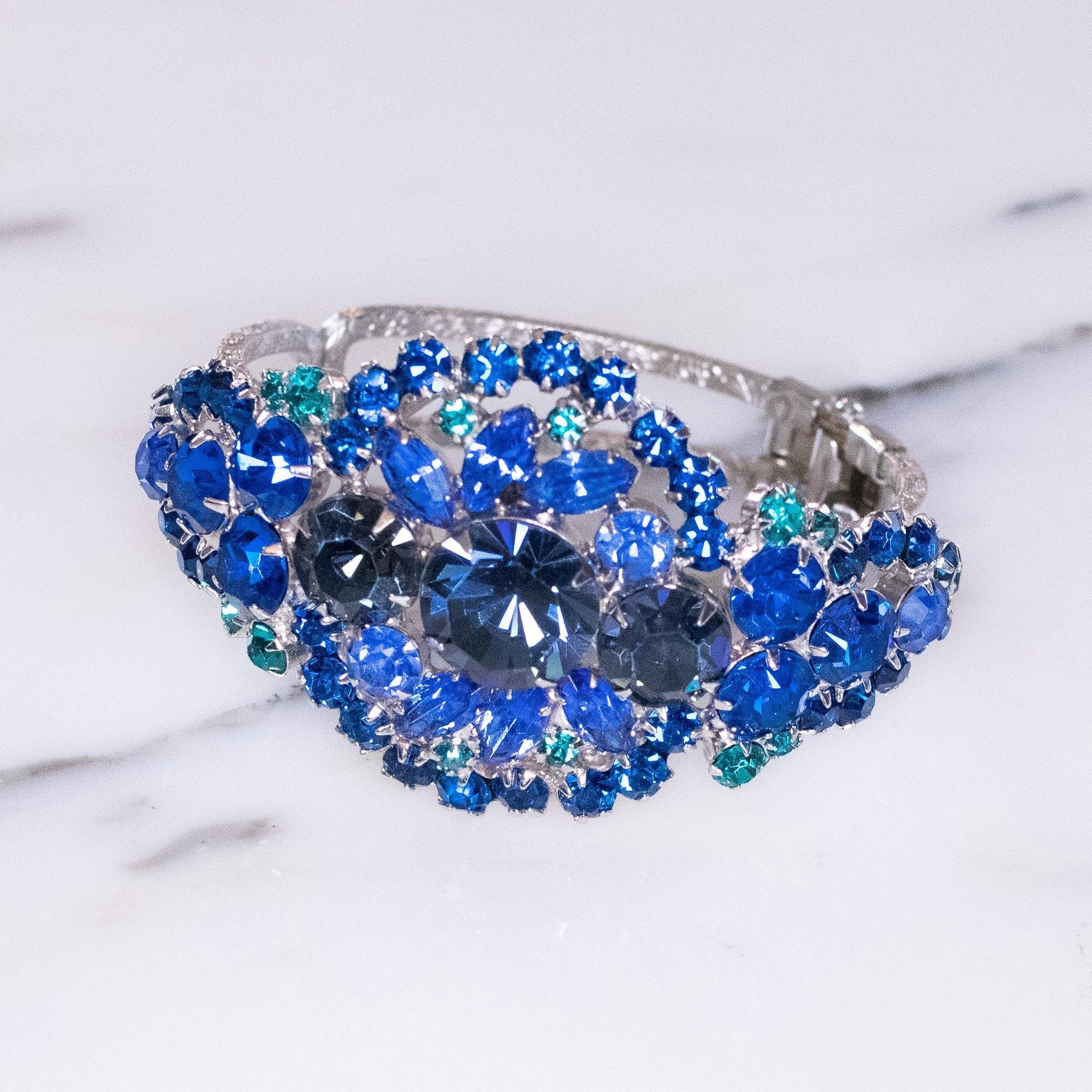 Vintage Juliana Blue Rhinestone Hinged Bracelet by Vintage Meet Modern - Vintage Meet Modern Vintage Jewelry - Chicago, Illinois - #oldhollywoodglamour #vintagemeetmodern #designervintage #jewelrybox #antiquejewelry #vintagejewelry