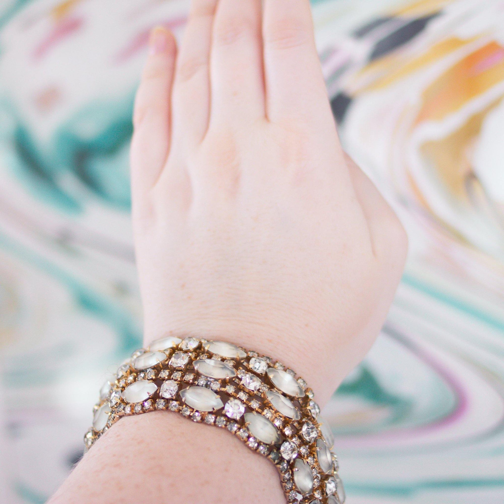 Vintage 1950s Wide Champagne Rhinestone Bracelet Set In Gold Tone by Vintage Meet Modern - Vintage Meet Modern Vintage Jewelry - Chicago, Illinois - #oldhollywoodglamour #vintagemeetmodern #designervintage #jewelrybox #antiquejewelry #vintagejewelry