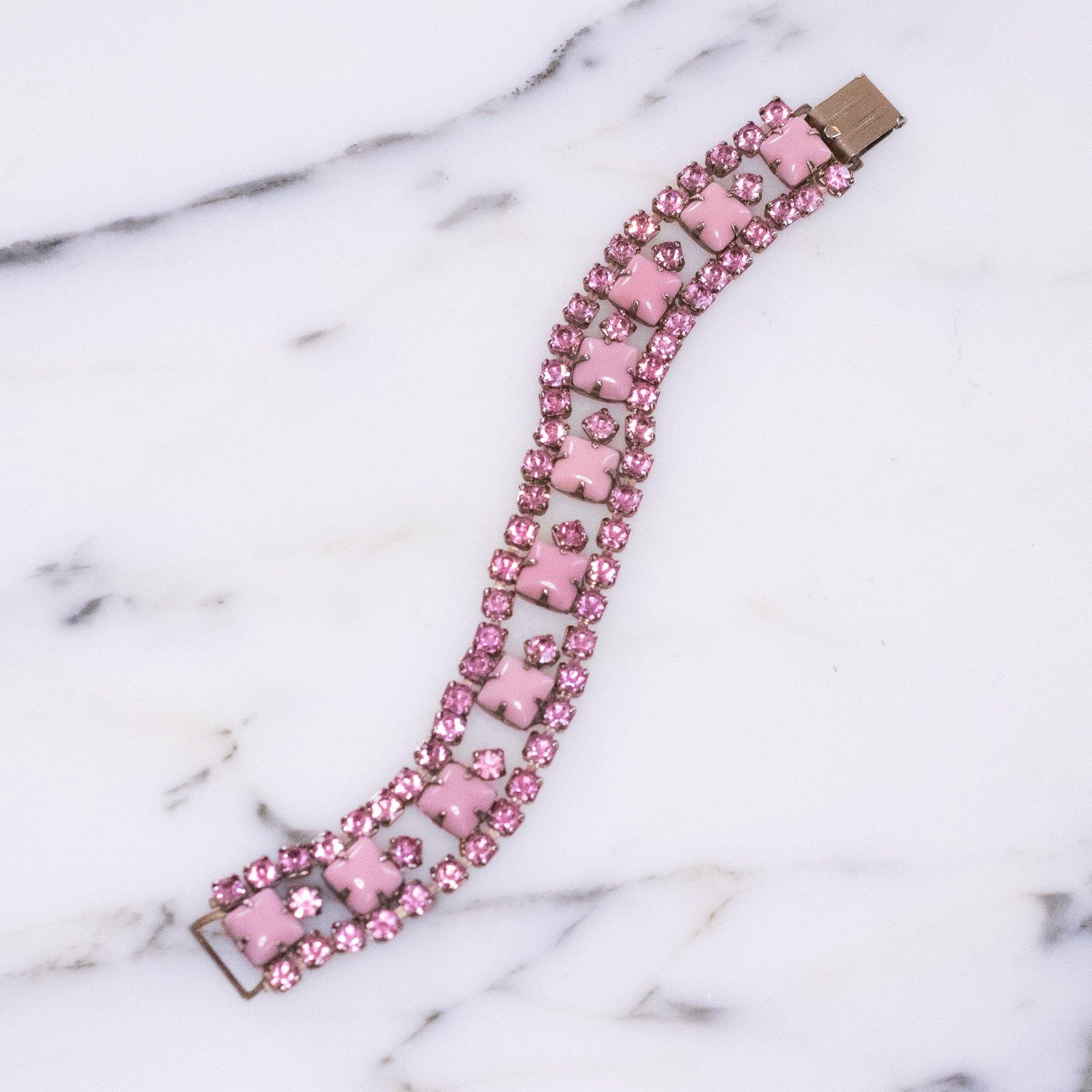 Vintage Shade of Pink Rhinestone Bracelet by Vintage Meet Modern - Vintage Meet Modern Vintage Jewelry - Chicago, Illinois - #oldhollywoodglamour #vintagemeetmodern #designervintage #jewelrybox #antiquejewelry #vintagejewelry