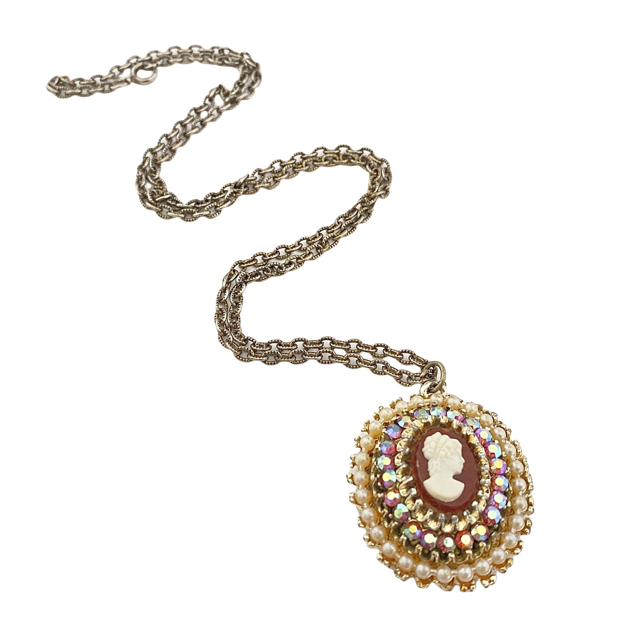 Vintage Cameo and Aurora Borealis Rhinestone Necklace by Unsigned Beauty - Vintage Meet Modern Vintage Jewelry - Chicago, Illinois - #oldhollywoodglamour #vintagemeetmodern #designervintage #jewelrybox #antiquejewelry #vintagejewelry