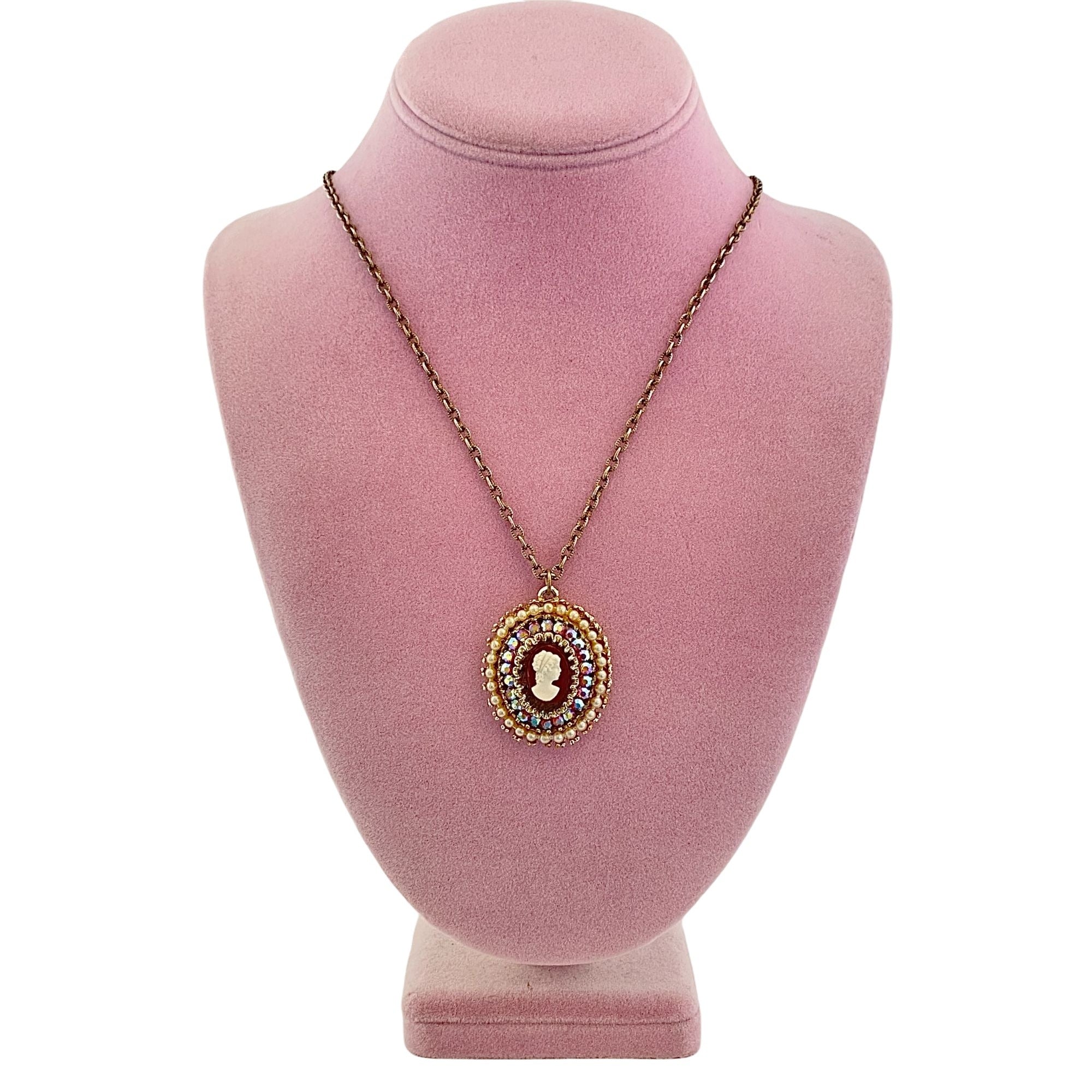 Vintage Cameo and Aurora Borealis Rhinestone Necklace by Unsigned Beauty - Vintage Meet Modern Vintage Jewelry - Chicago, Illinois - #oldhollywoodglamour #vintagemeetmodern #designervintage #jewelrybox #antiquejewelry #vintagejewelry