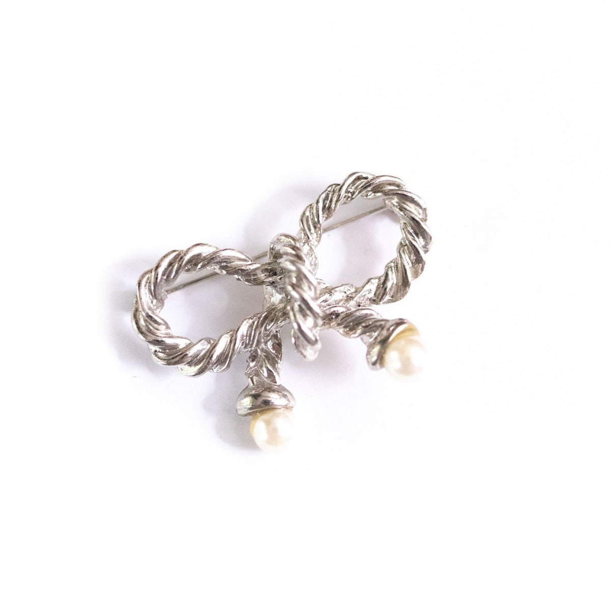 Vintage Silver Bow With Pearls Brooch