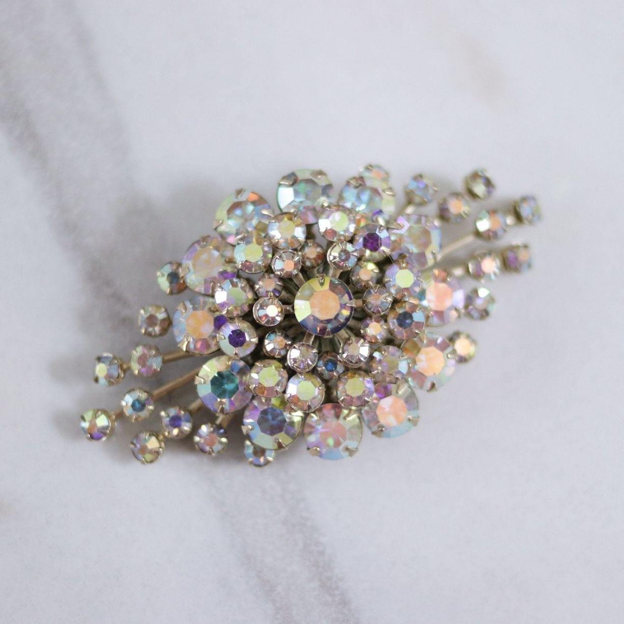 Vintage Judy Lee Sparkly Aurora Borealis Rhinestone Spray Style Brooch by Unsigned Judy Lee - Vintage Meet Modern Vintage Jewelry - Chicago, Illinois - #oldhollywoodglamour #vintagemeetmodern #designervintage #jewelrybox #antiquejewelry #vintagejewelry
